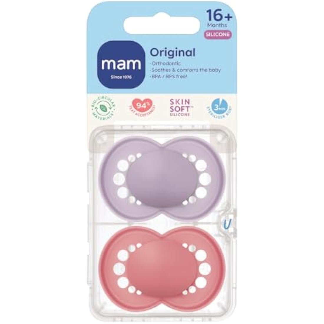 MAM Original Soothers | 18-36 Months | Pack of 2 | Comes in Dummy Steriliser Box | Sustainable Materials | Baby Accessories | Pink (Various Designs)
