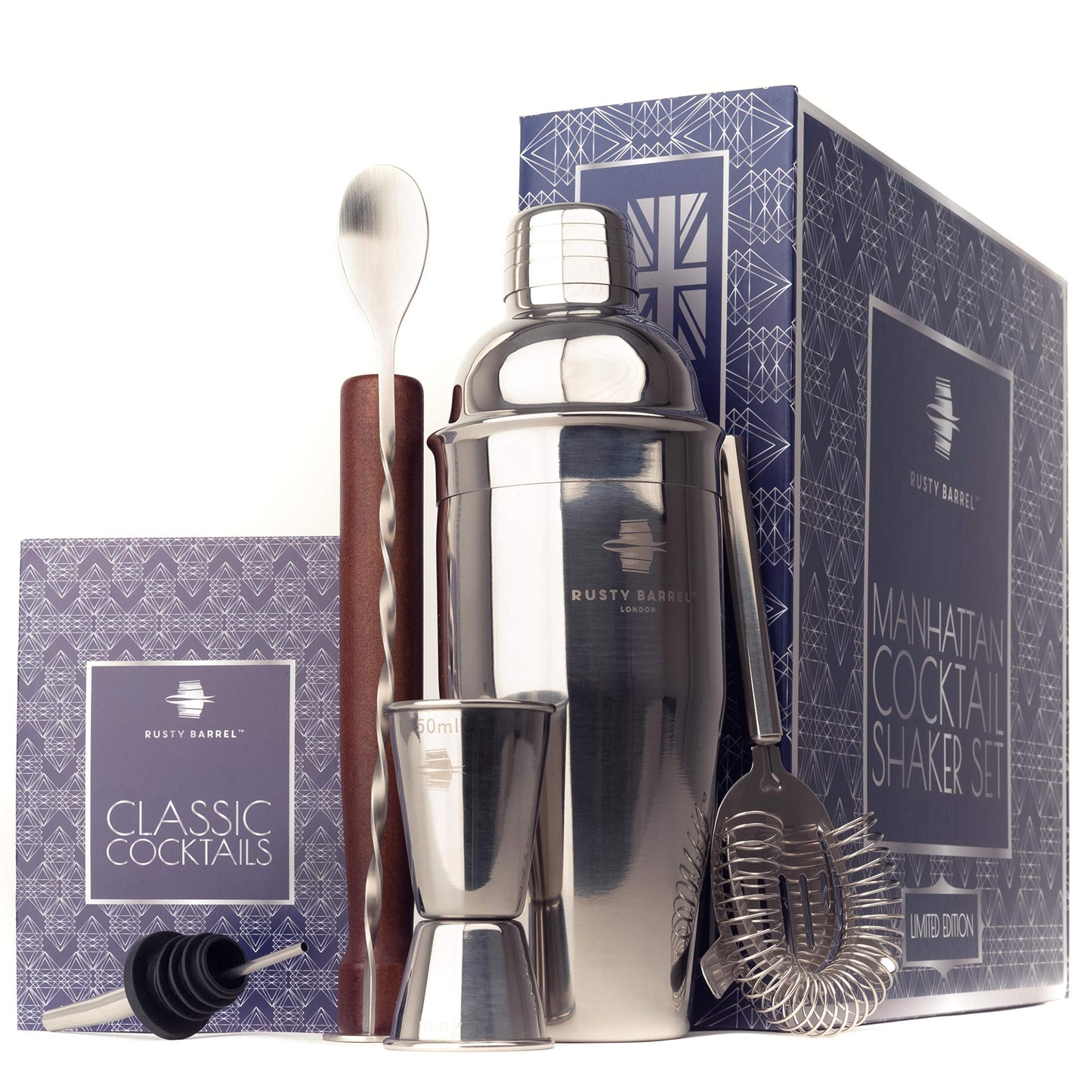 Rusty Barrel Manhattan *Limited Edition* Cocktail Making Set - Manhattan Style Stainless Steel Shaker, Muddler, Strainer, Bar Measure, Pourer, Spoon &