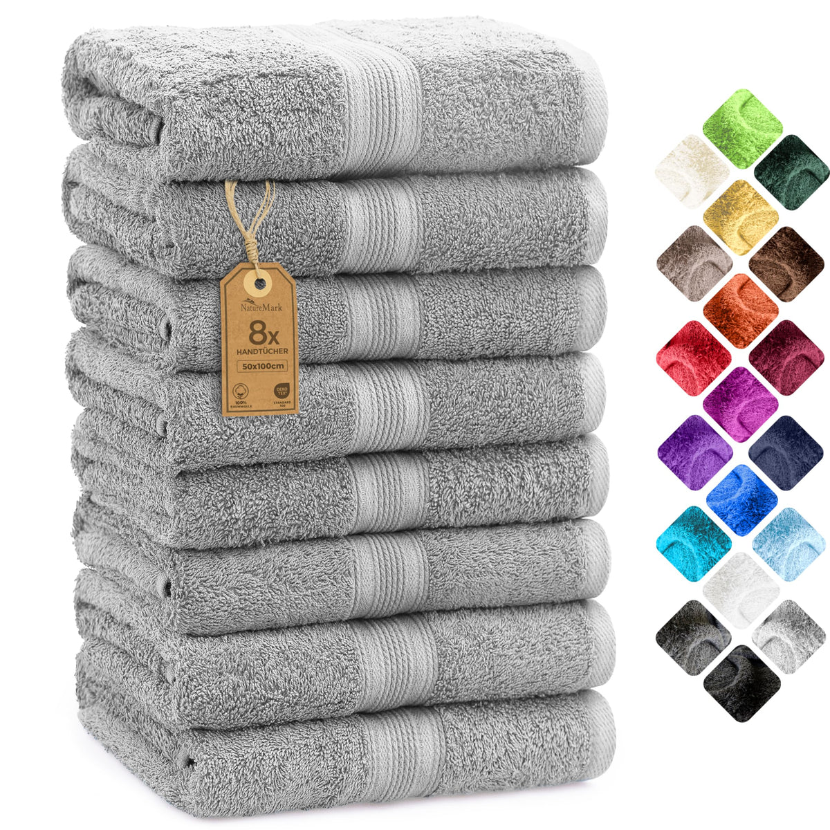 NatureMark 8 Hand Towels Set - 100% Cotton - Soft and Absorbent Bathroom Towels, Durable and Comfortable, Size 50 x 100 cm, Silver Grey
