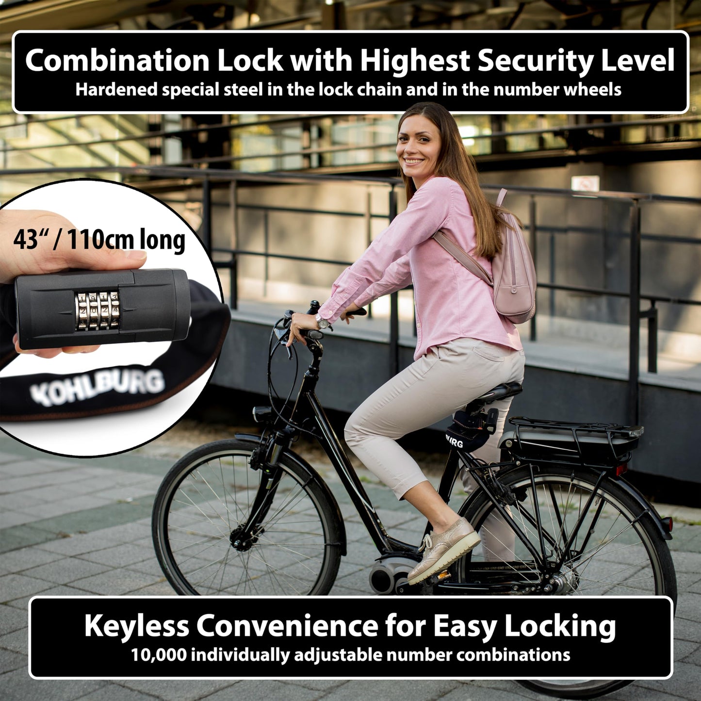 KOHLBURG Heavy Duty Combination Bike Lock [Sold Secure Gold] 43"/110cm Long with Maximum Security ? Anti Theft Bike Chain Lock with Numeric Code & 8mm