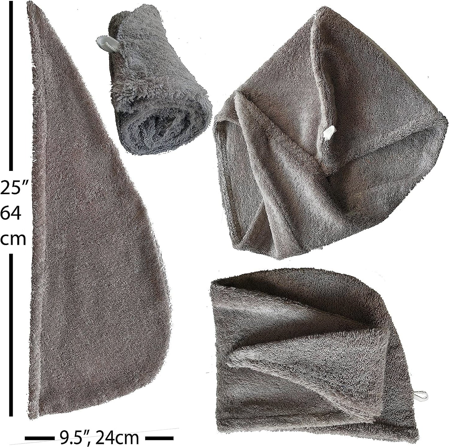LLAMAXY 100% Pure Organic Cotton Hair Towel - Quick Twist Rapid Dry Turban Cap for Adults and Children - 3 Pack Grey