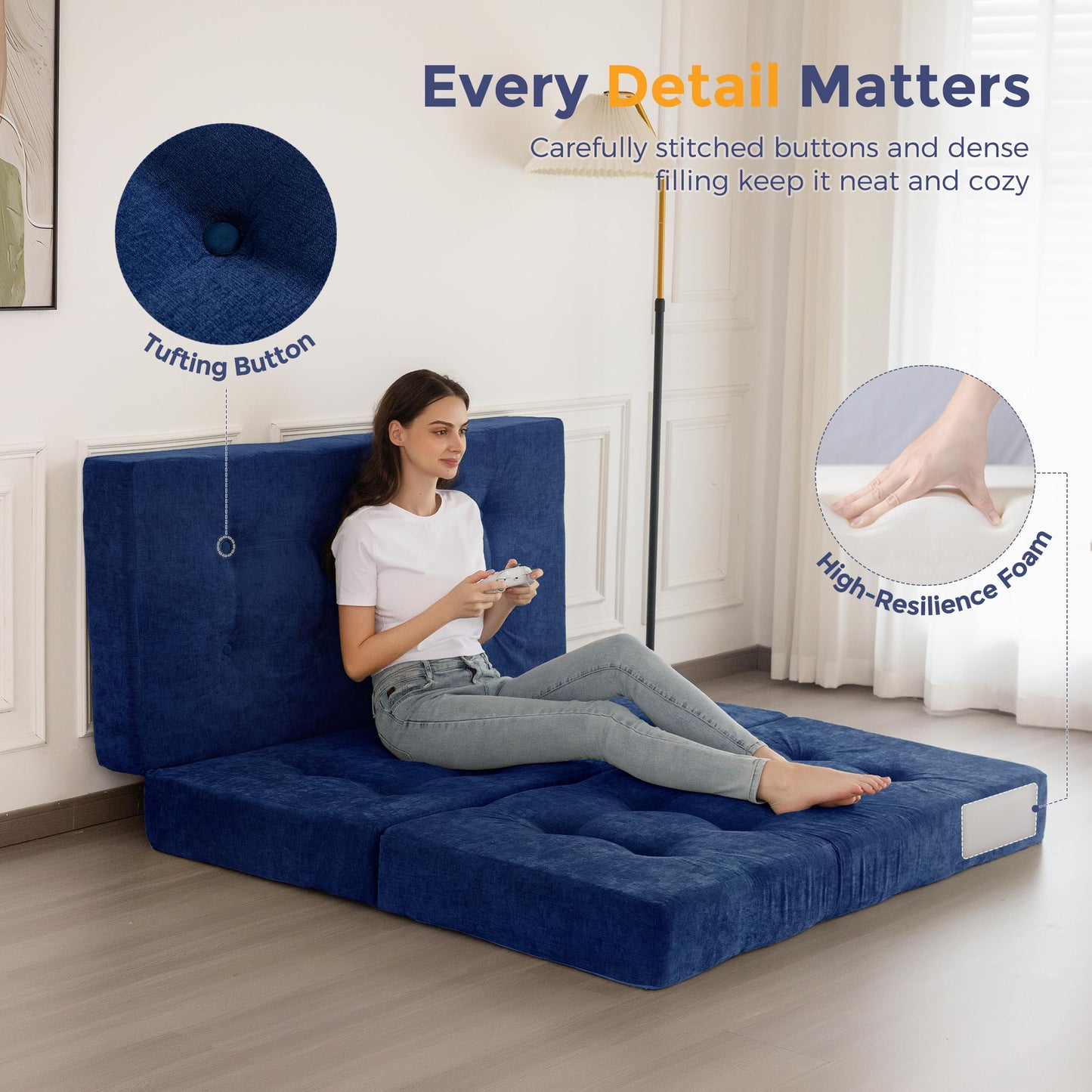 MAXYOYO Folding Mattress Chenille Fabric 15cm, Sofa Bed for Guest