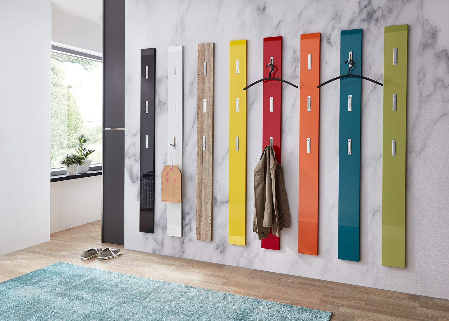 Germania Coat Rack Panel 3255, with fold-out coat hooks, in White High Gloss, 15 x 170 x 4 cm (WxHxD), 3255-84