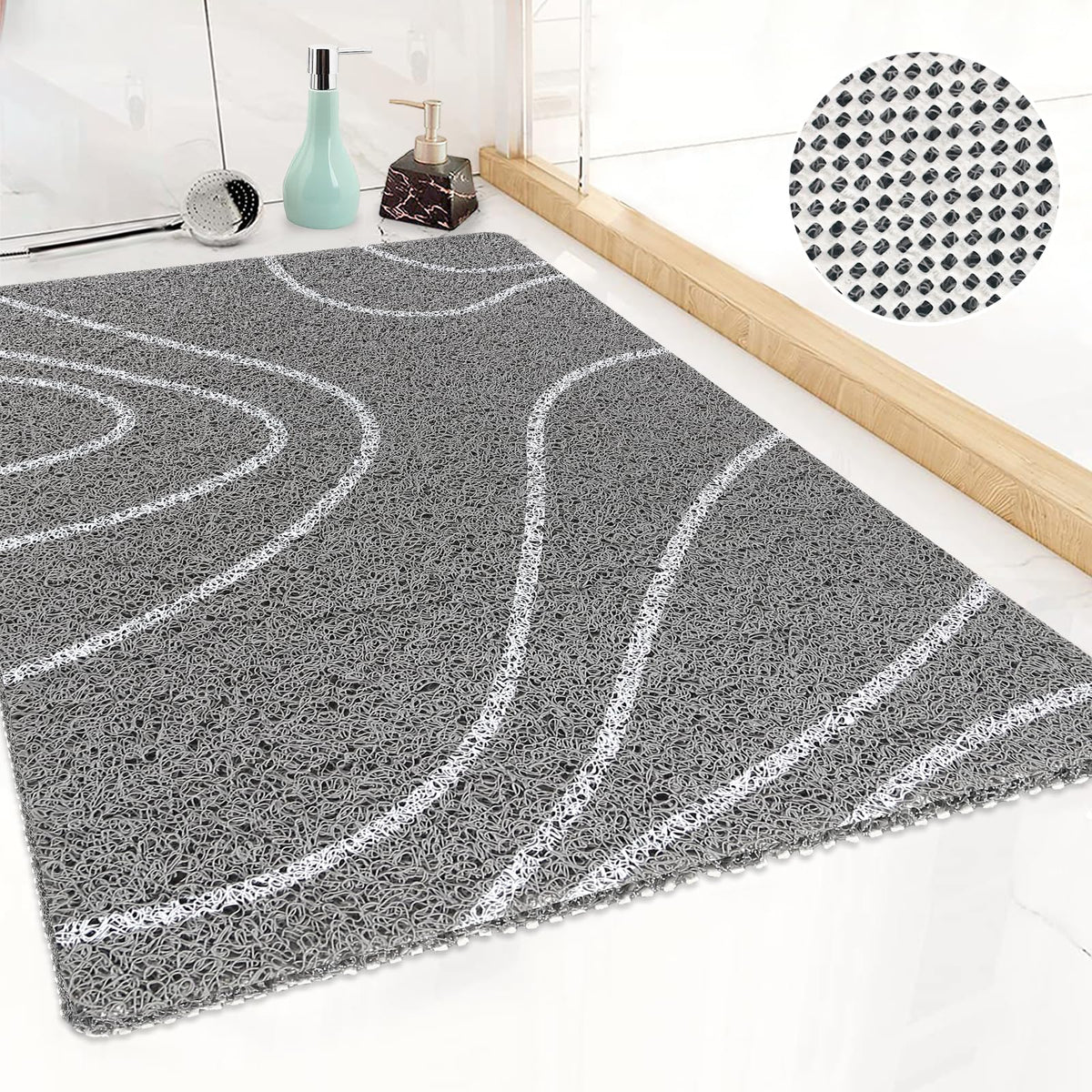 ZOKBOM Loofah Shower Mat Non Slip 60x80cm, Shower mats for inside shower, Rectangular Anti Mould Bathtub Mat with Drain for Wet Area, Grey PVC Shower