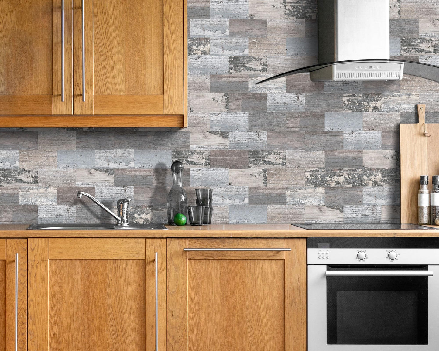 DEWOO 20-PCS Peel and Stick on Self Adhesive Wall Tiles for Kitchen Splashback Sticky Rustic Wood Effect PVC Covering Panels (13.5" x 11.4")