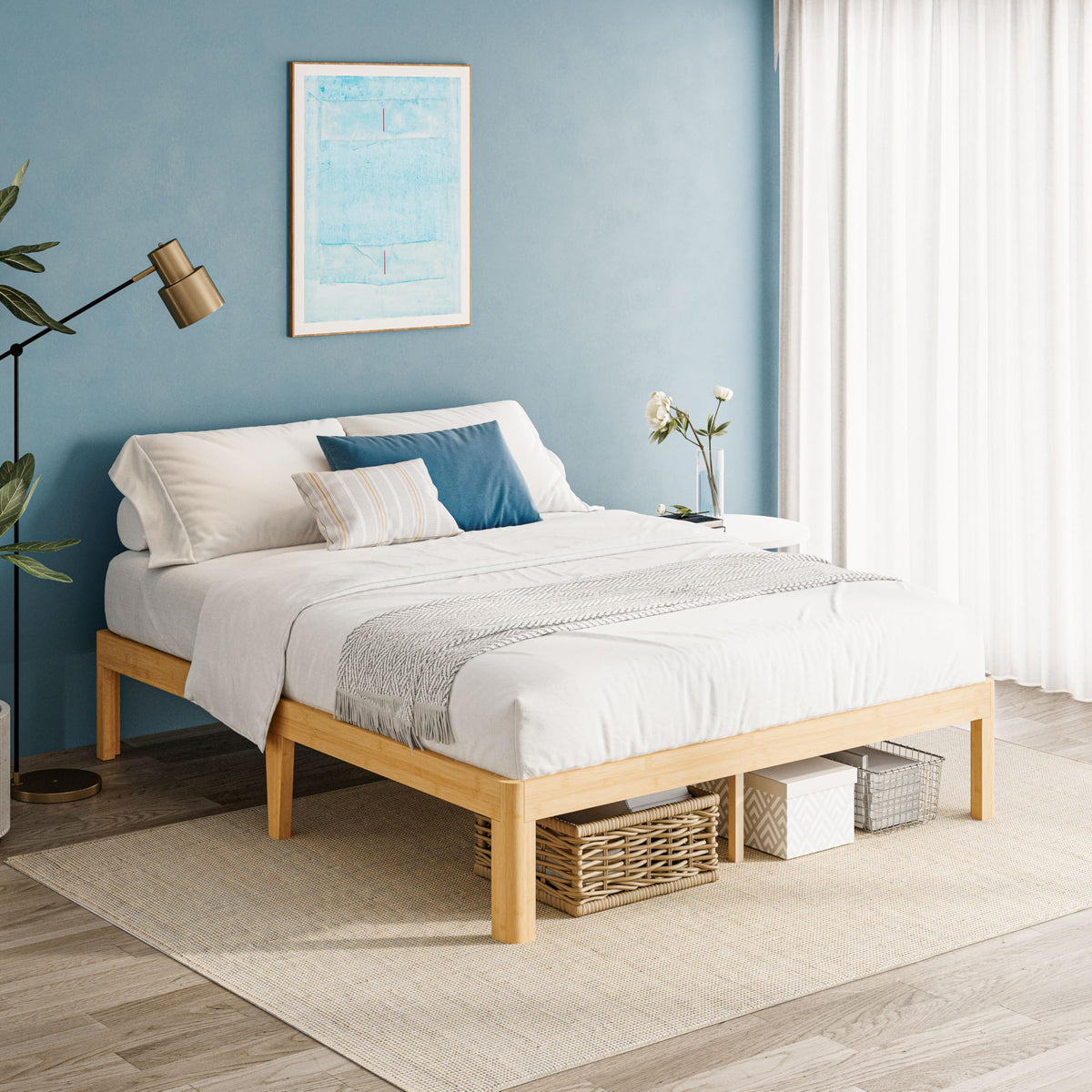 QFtime Bamboo Wood King Size Bed Frame with Metal Slats Support, Platform King Bed Frame, Easy to Install, Noise Free, Sturdy, 35.5 cm High
