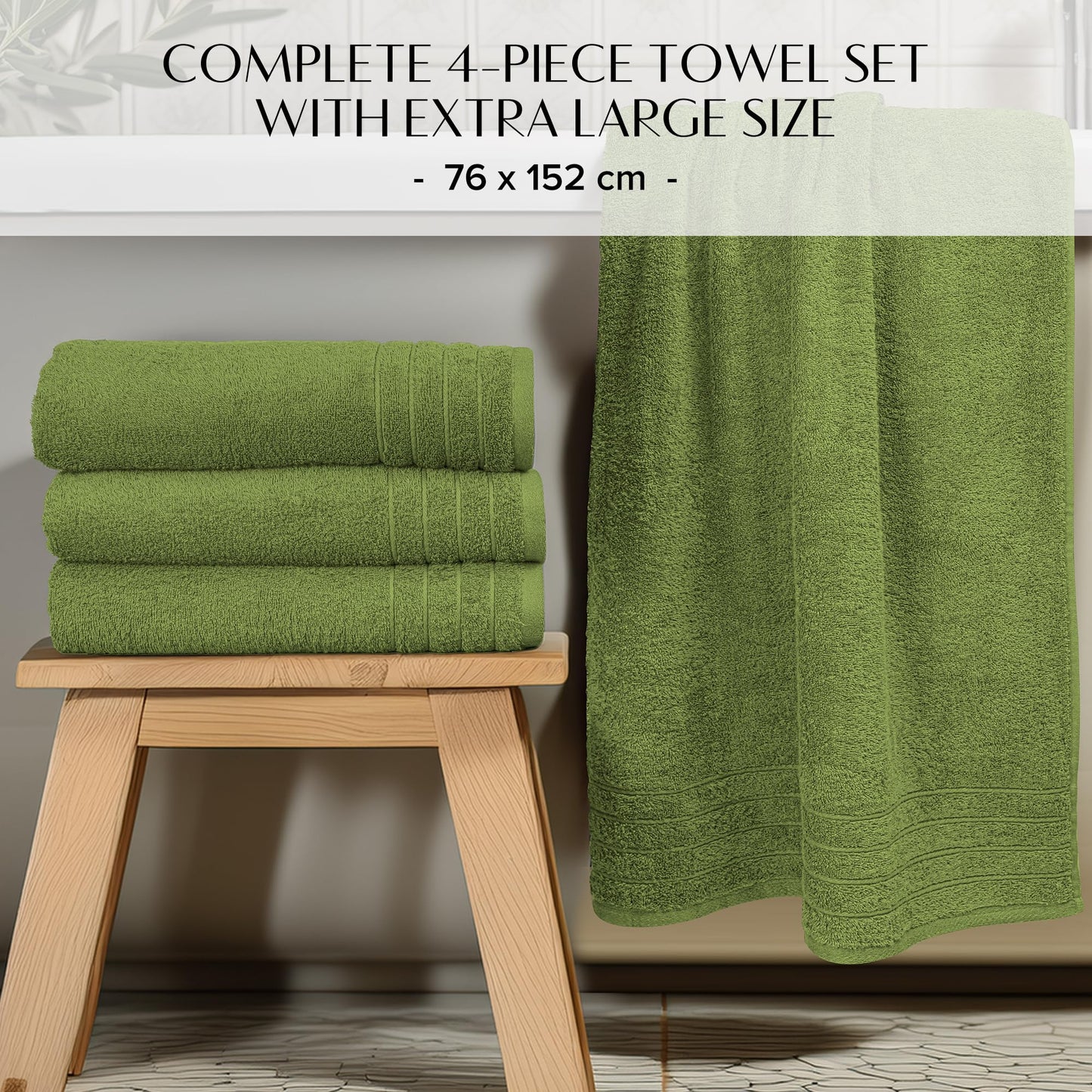 100% Cotton Extra Large Bath Towels Set of 4 (76x152cm) - Forest Green