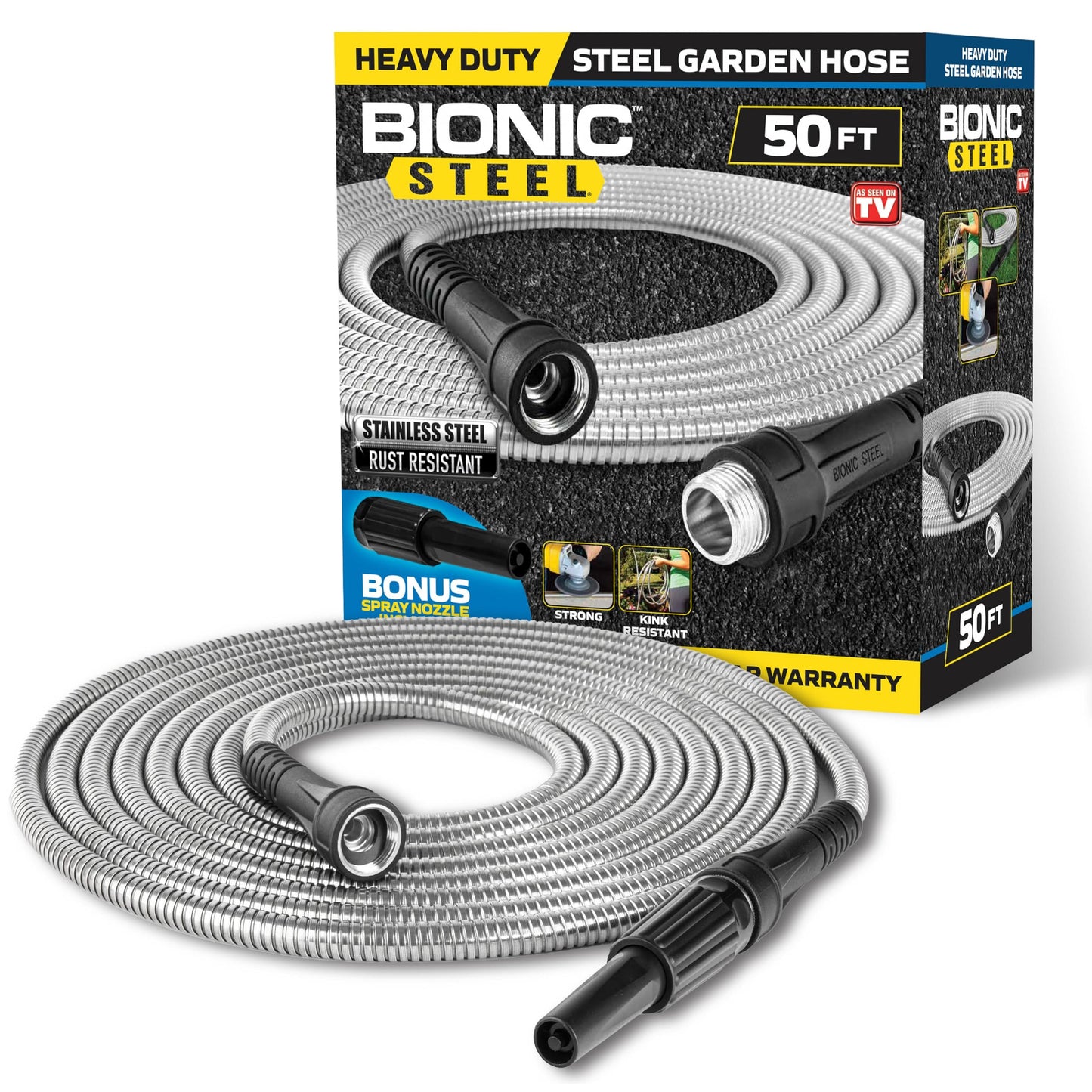 BIONIC STEEL 50 FT Garden Hose Pipe with Nozzle 304 Stainless Steel Metal Hosepipe, Crush Resistant Flexible Hose Pipe, Kink Free Ultra Lightweight