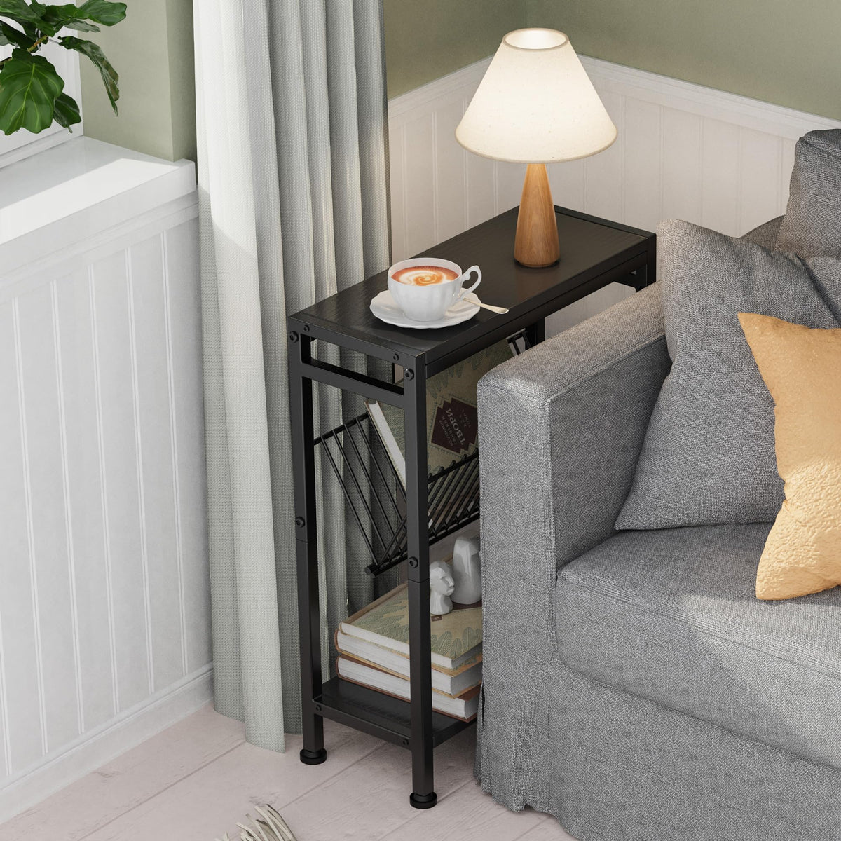 Vantimo 3-Tier Narrow Side Table with Magazine Rack & Storage, Slim Bedside Table, Multifunctional Sofa End Table for Living Room, Bedroom and Study