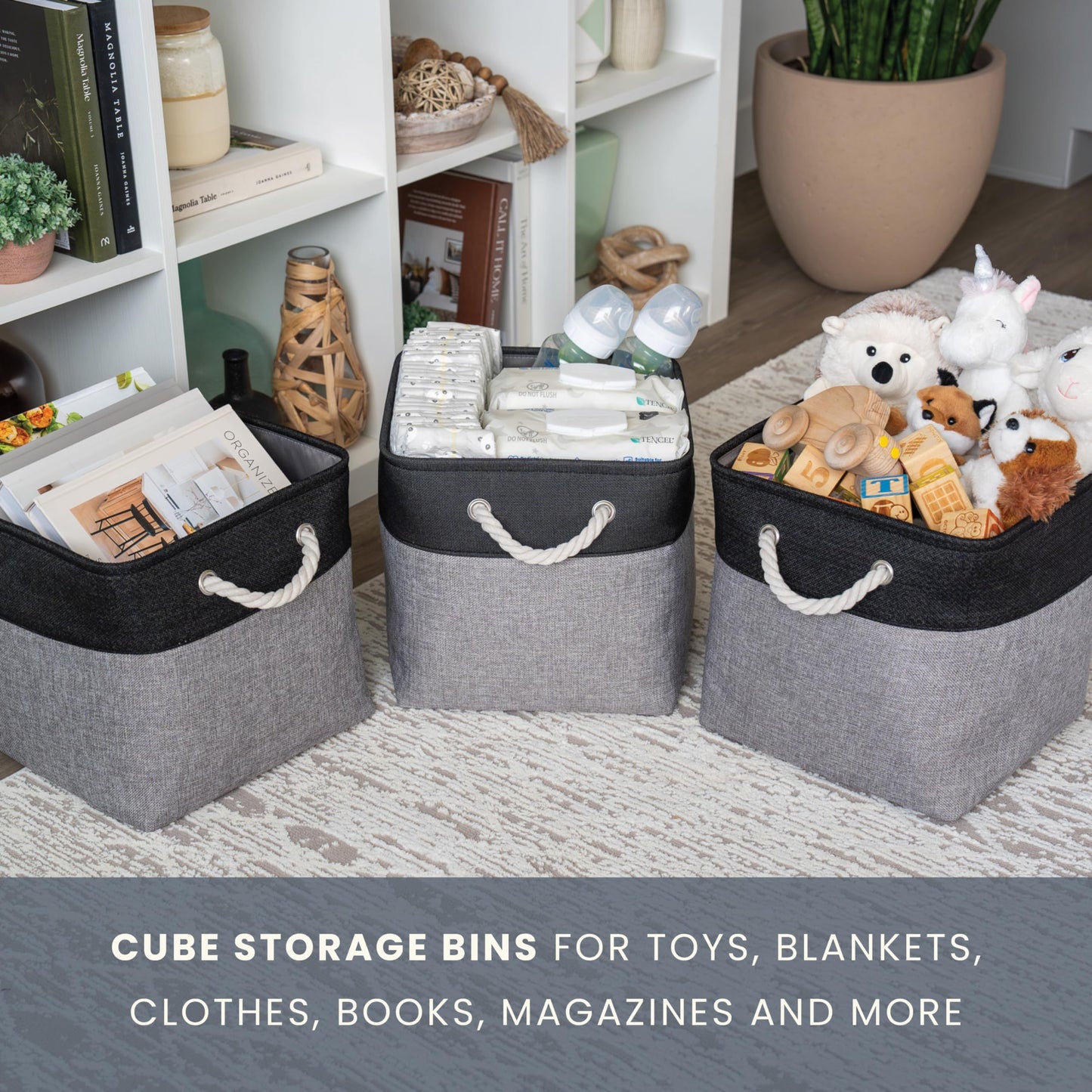 OrganiHaus Fabric Storage Boxes, Set of 3 Foldable 28x28 Cube Organiser Bins with Rope Handles for Shelves, Nursery & Closet