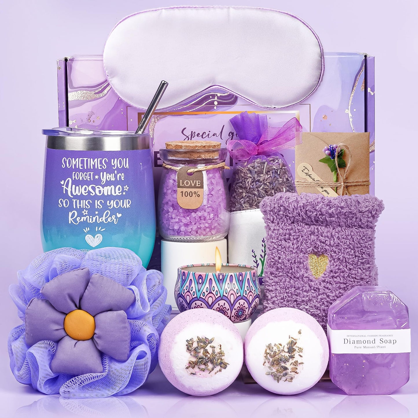 Pamper Birthday Gift for Women - Lavender Bath Spa Package for Her Relaxation Self Care Hampers Unique Skin Care Birthday Presents Set with Bath