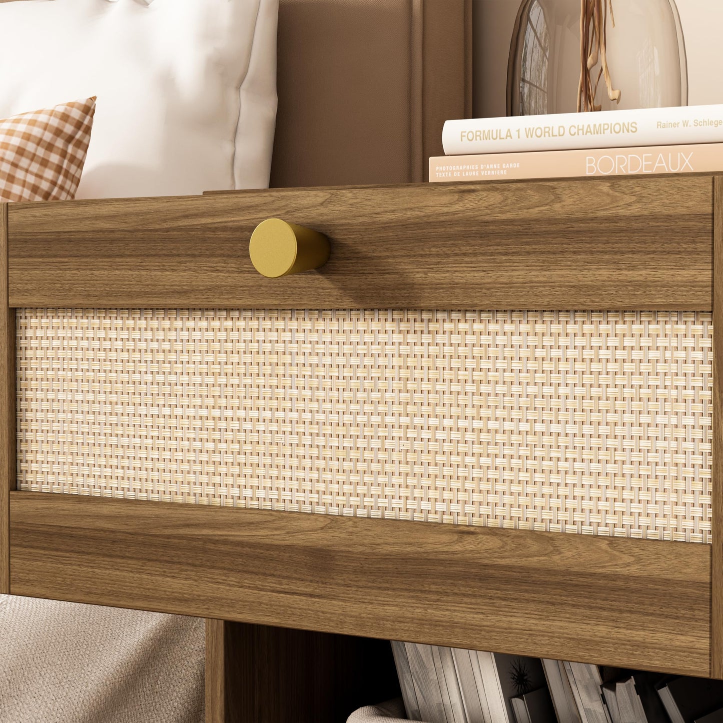 JERX Rattan Bedside Table, Farmhouse Wood Nightstand with Storage Drawer and Open Shelf Small Bedside Cabinet for Bedroom,Living Room,Office Walnut