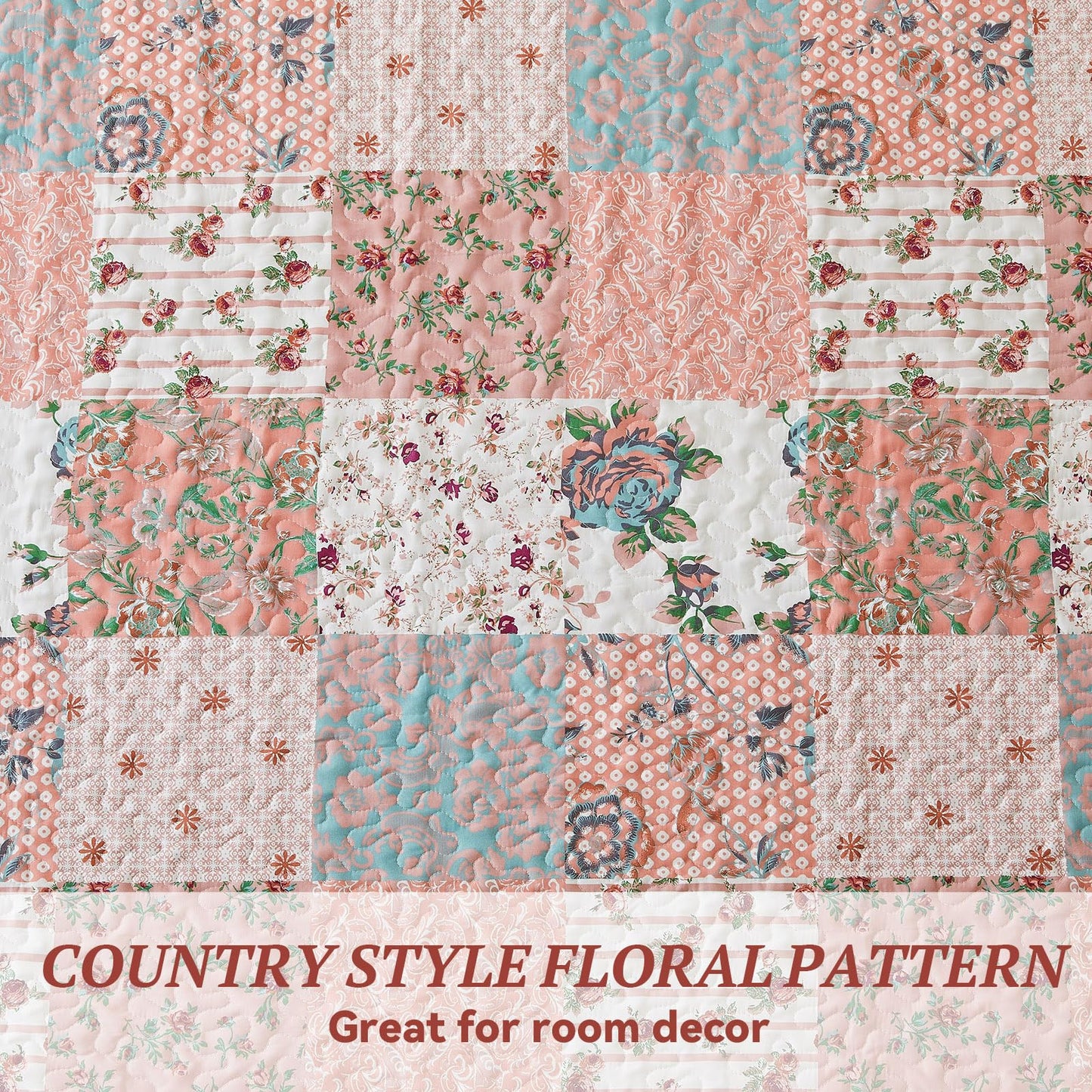 Qucover American Style Patchwork Quilt Soft and Lightweight Summer Bedspread King Size Elegante Flower Parrten Breathable Polyester Quilted Bedspread
