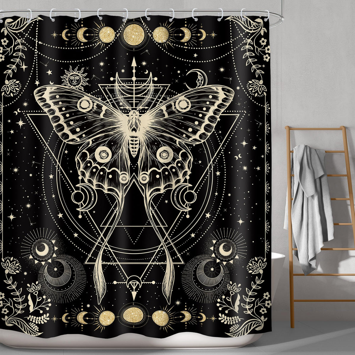 LGhtyro Gold Moth Shower Curtain 60Wx71H Inch Moon Phase Shower Curtain Bathroom Set Gothic Black Butterfly Moonlit Bath Curtain Witchy Tarot