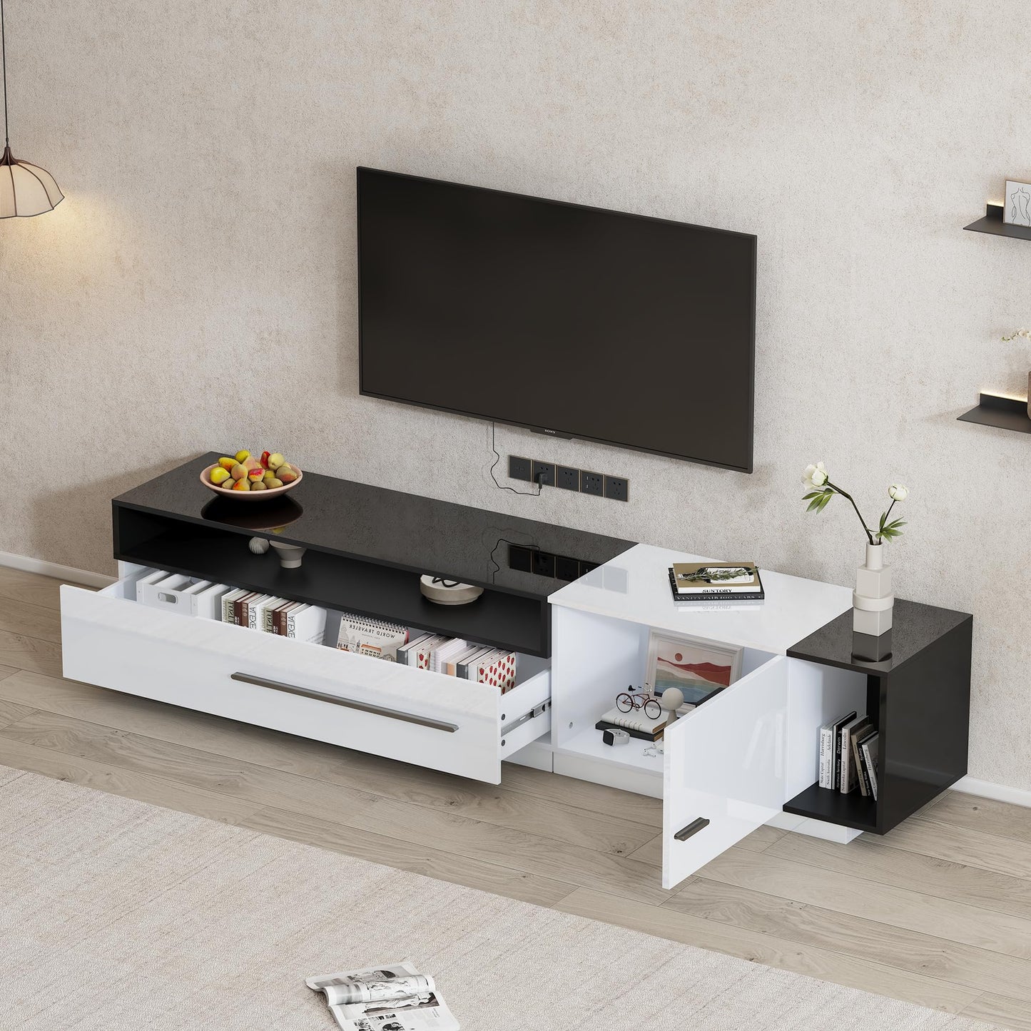 Ball & Cast Modern TV Cabinet with 1 Door, 1 Drawer and 2 Closed Storage Spaces, High Gloss TV Stand for TV up to 70 Inch, 170x38x42cm