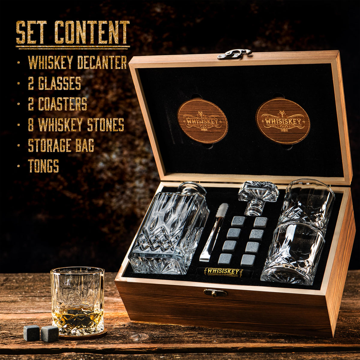 WHISISKEY - Whiskey Decanter Set - 700ML Classic Carafe - Whiskey Gift Sets for Men - Whisky Set - Glass Gifts for Men - Inc. 2 Whiskey Glasses, 8
