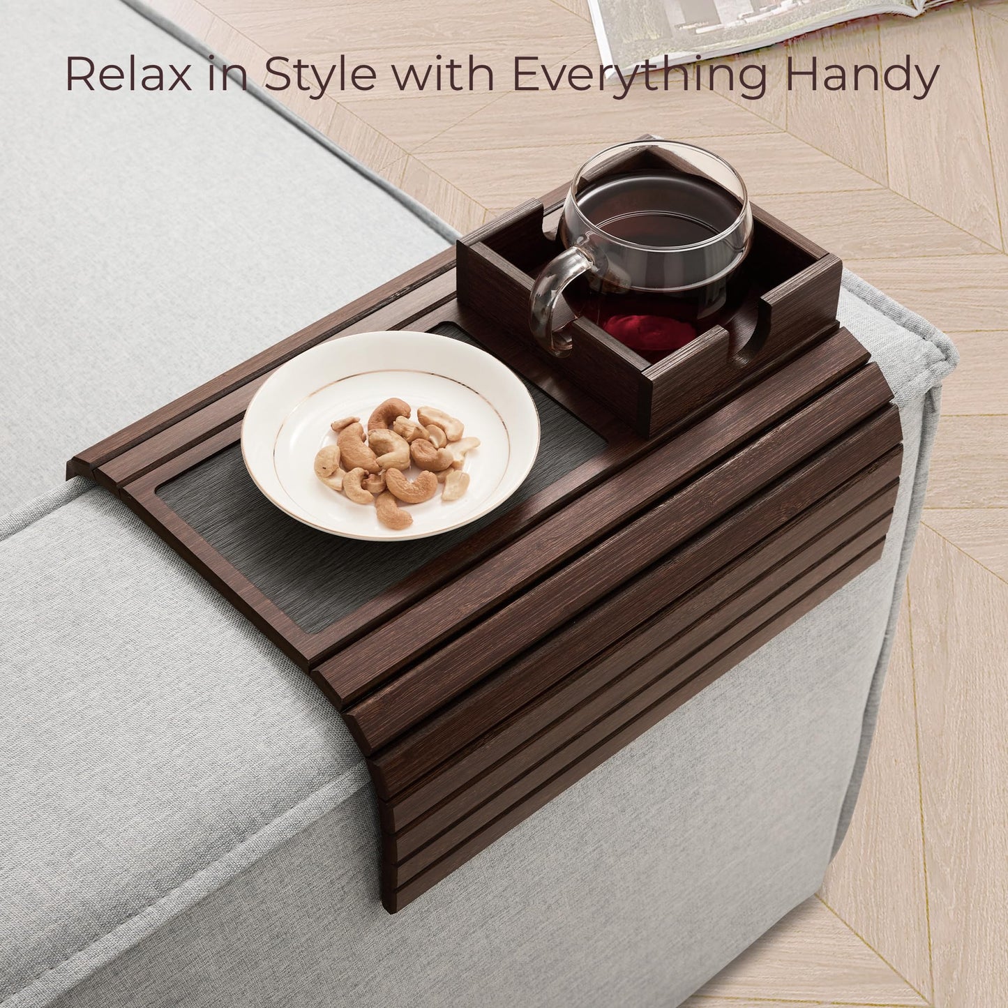 DETOR Sofa Arm Tray with Cup Holder, Walnut Finish, Fits Armrest 14cm +