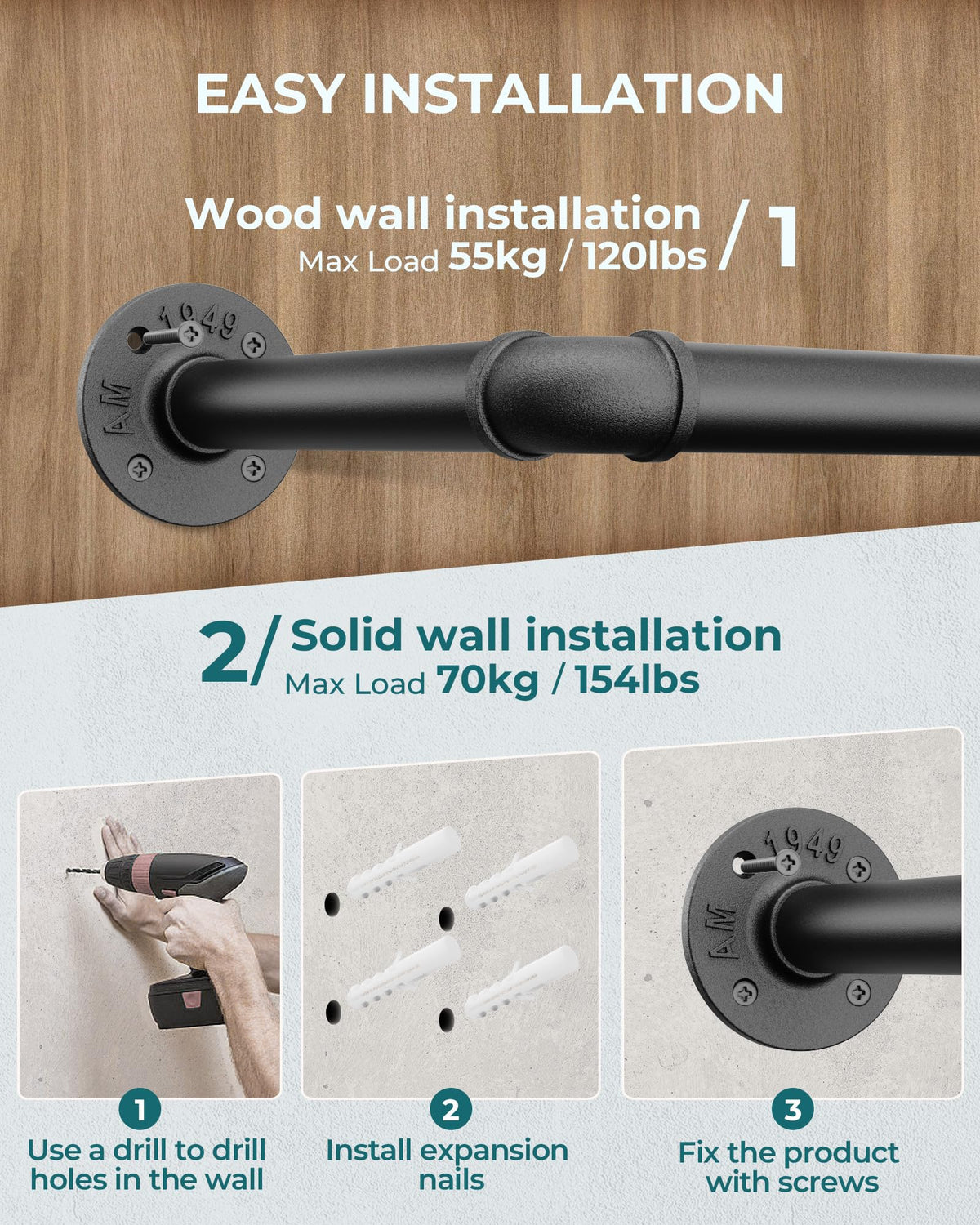 OROPY Industrial Pipe Clothes Rail, 167cm Wall Mounted Detachable Retro Metal Clothing Rail for Hanging Clothes, Heavy Duty Clothes Rail for Bedroom
