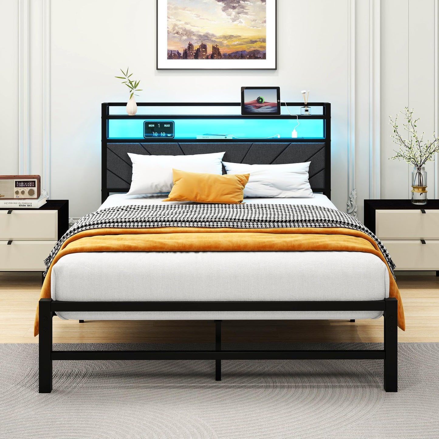 HOMERECOMMEND Double Bed Frames with Upholstered Storage and LED Lights,4ft6 Upholstered Bed Frame Doule Bed with Metal Slats Enhanced Support, Under