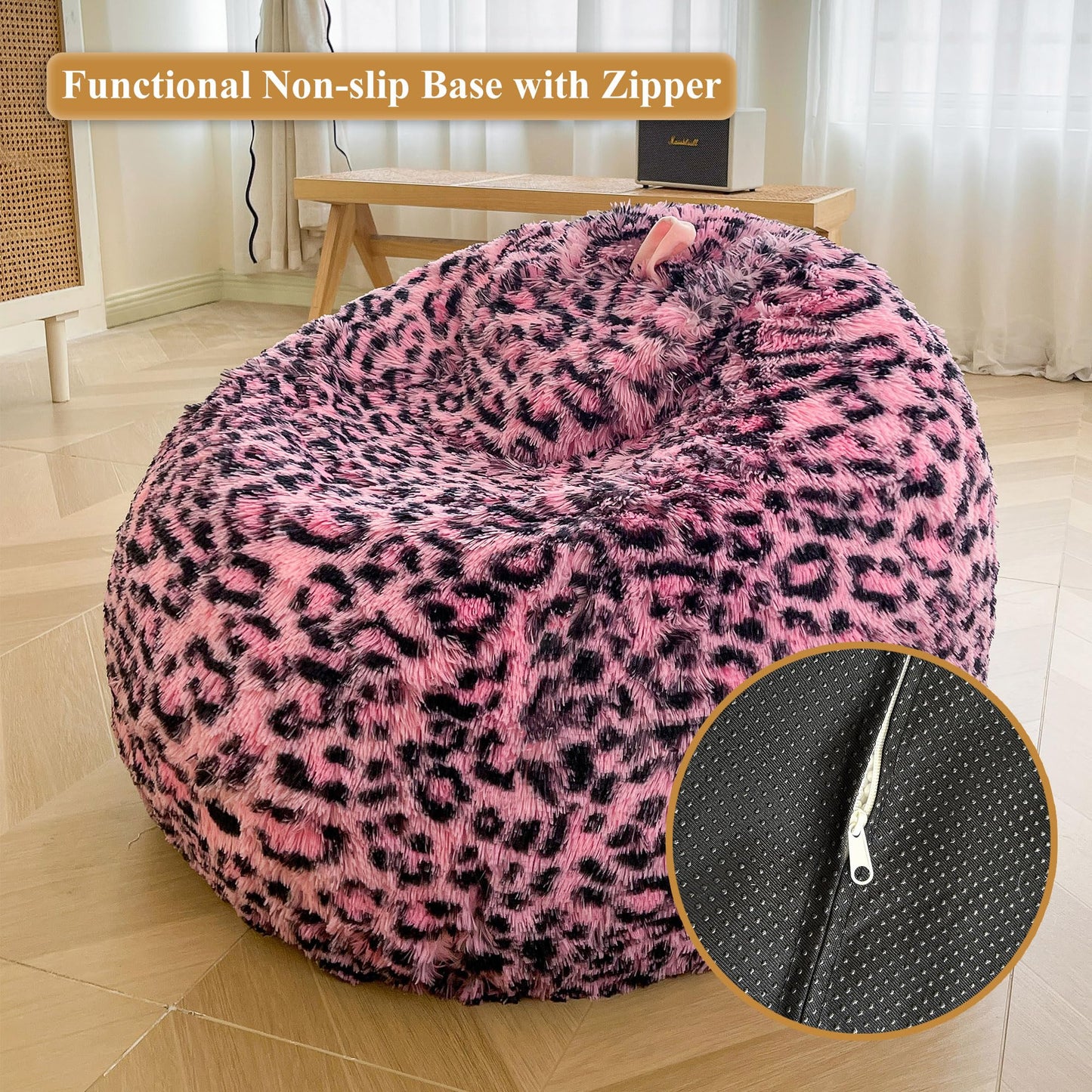XeGe Faux Fur Leopard Print Bean Bag Chair Cover(No Filler), Black and Pink