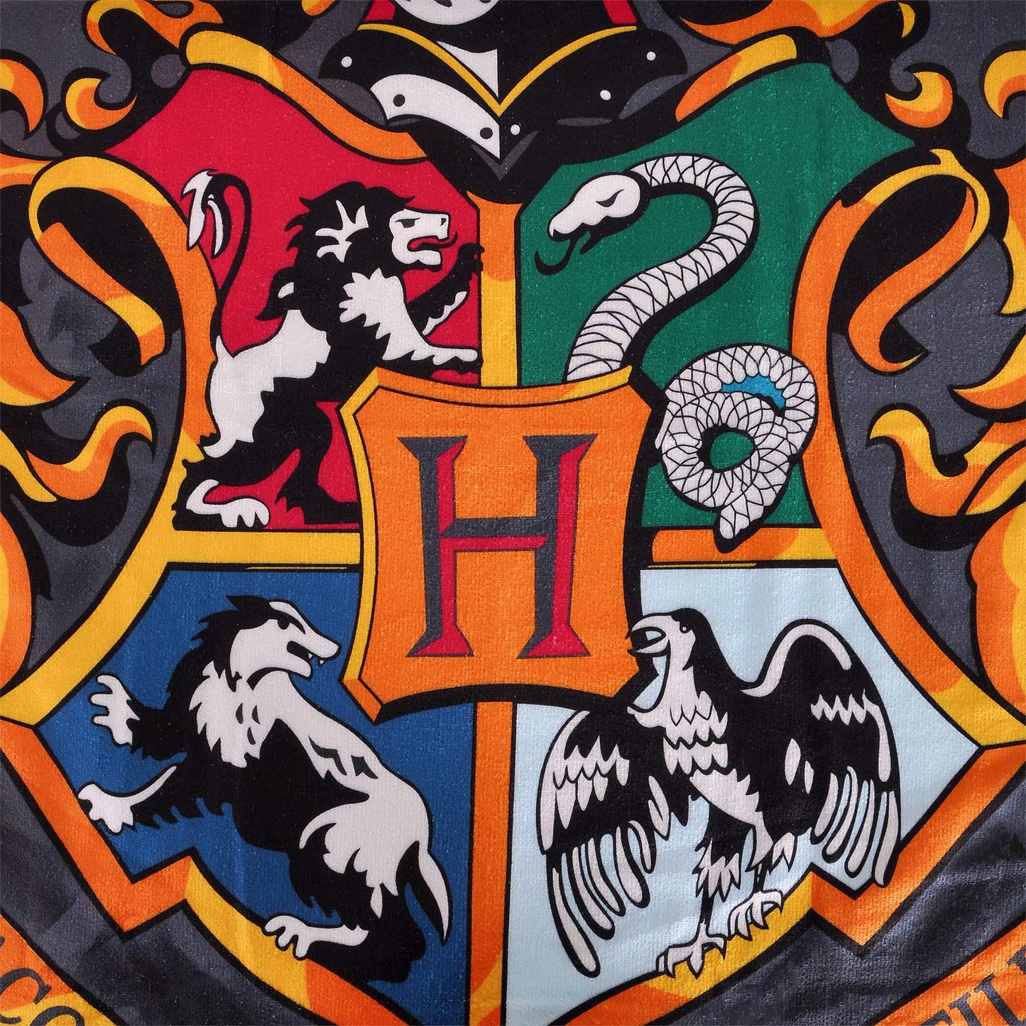 Elbenwald Harry Potter Beach Towel with Hogwarts Houses Coat of Arms Motif 90x180cm Gray
