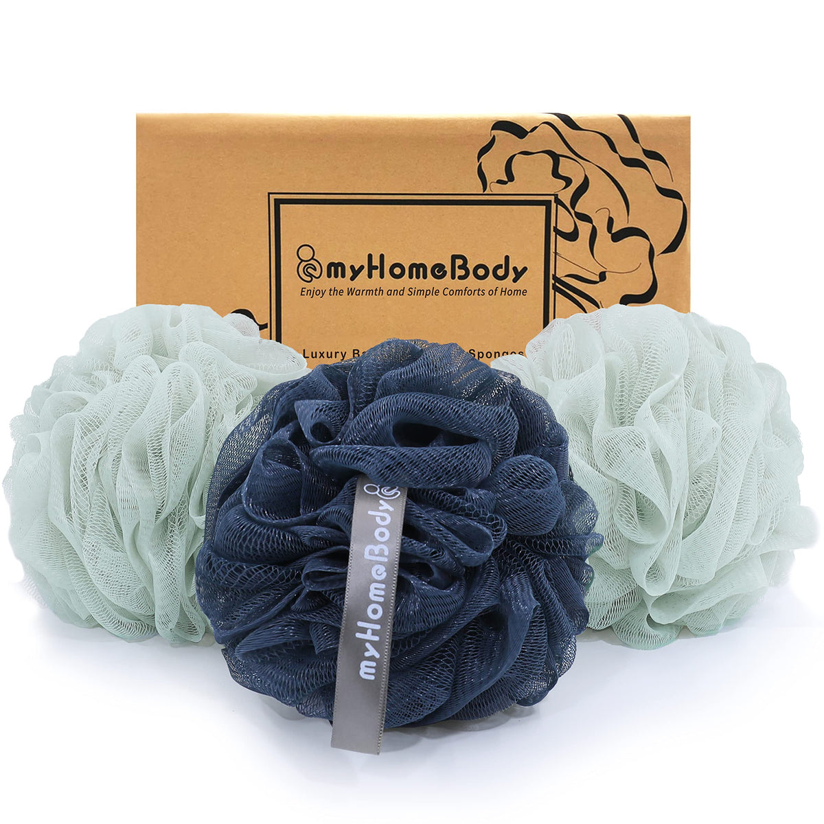myHomeBody Large 70g Loofah Sponge, Body Scrubber, Bath Sponge, Loofah for Women, Men, Exfoliating Sponge Shower Pouf with Activated Charcoal - 2 Sea