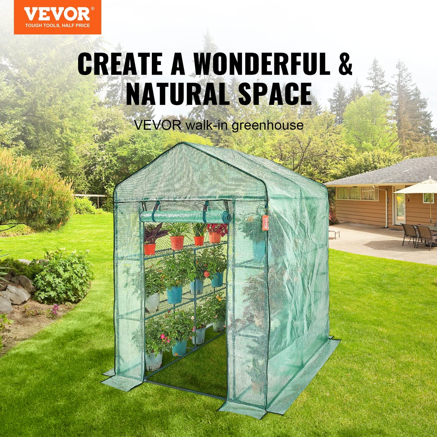 VEVOR Walk-in Green House, 4.6 x 4.6 x 6.6 ft Greenhouse with Shelves, Set Up in Minutes, High Strength PE Cover with Door & Windows and Steel Frame,