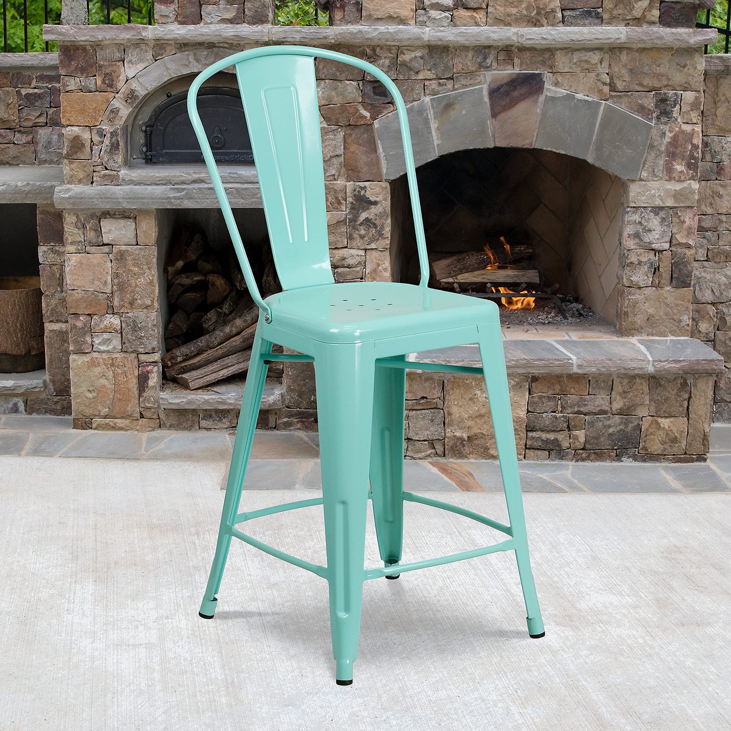 Flash Furniture Blake Commercial Grade 4 Pack 24" High Mint Green Metal Indoor-Outdoor Counter Height Stool with Back