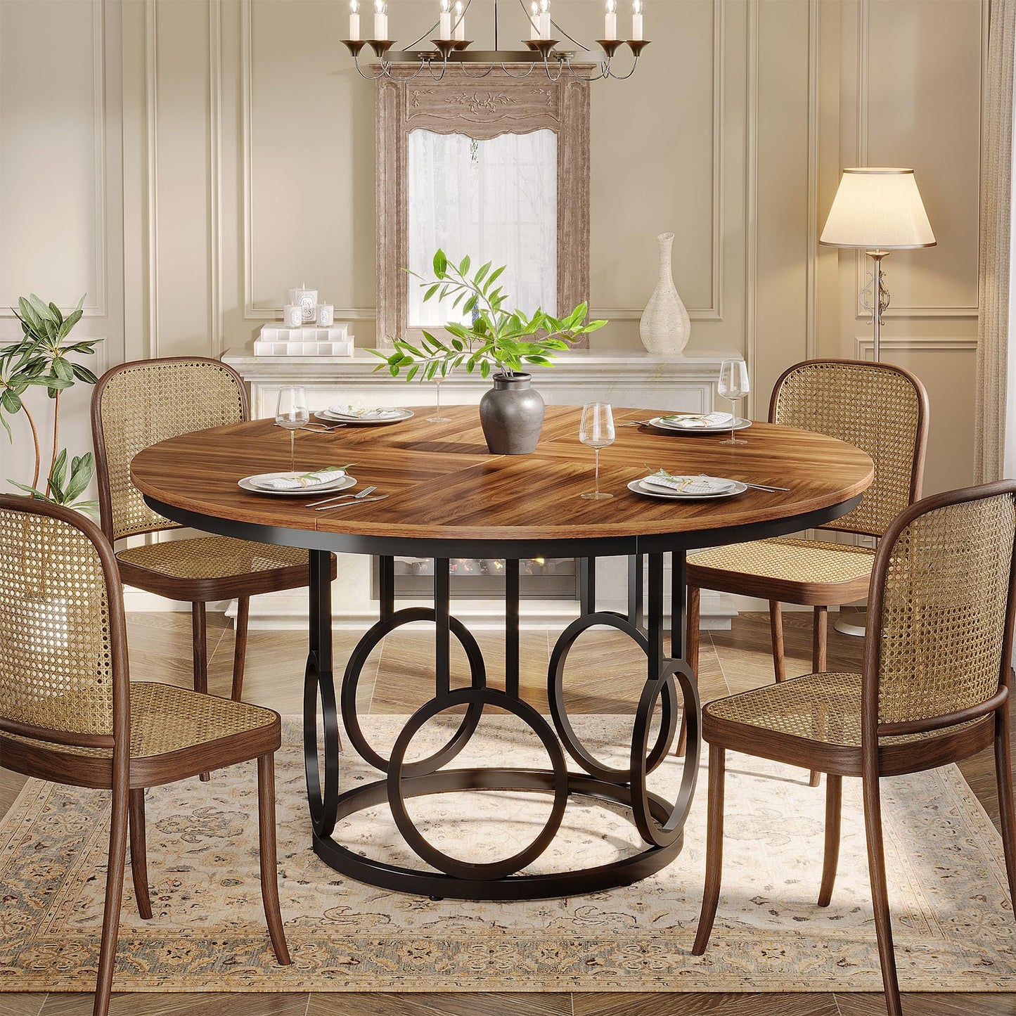 Tribesigns 47-Inch Round Dining Table, Wood Kitchen Table with Sturdy Metal Base for 4-6 People, Large Circle Dinner Table for Dining Room, Kitchen