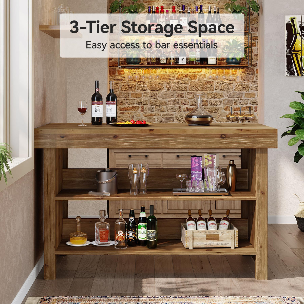 TRIBEWOOD 55" Solid Wood Bar Table, 3-Tier Farmhouse Home Bar Unit with Open Storage, Counter Height Pub Dining Table for Kitchen, Living Room, Brown