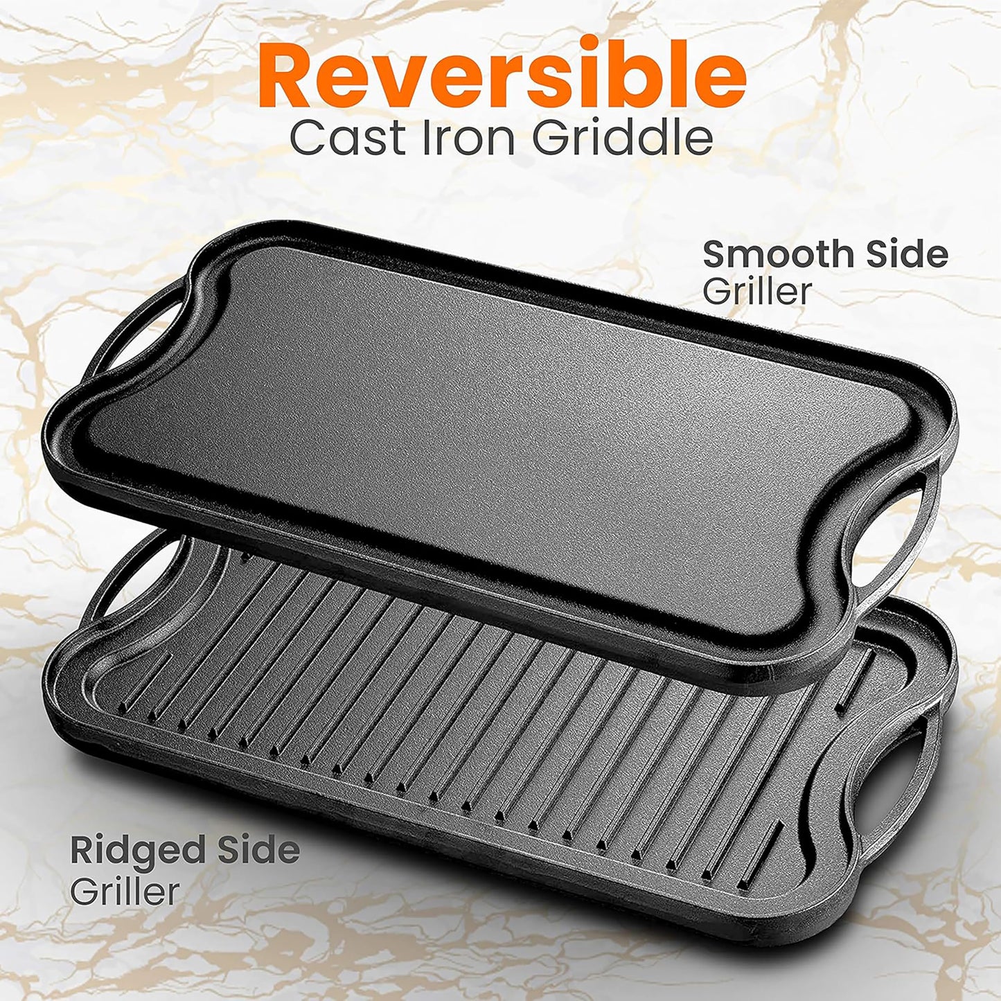 Nutrichef Reversible Cast Iron Griddle Pan  50.7cm x 25.7cm, Non-Stick Flat & Ridged Grill Plate for Hob, Oven & BBQ, Induction & Gas Safe,