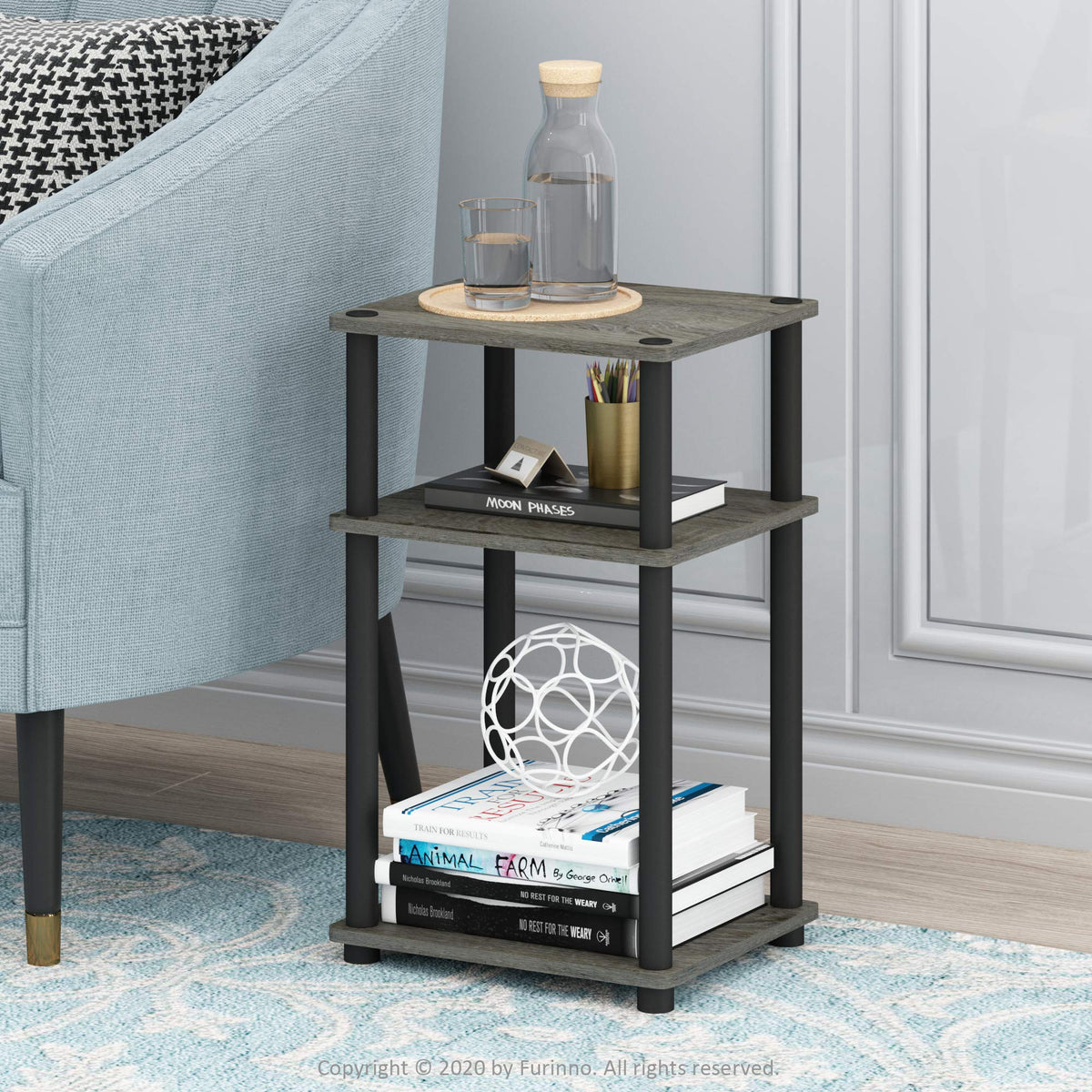 Furinno Just 3-Tier Turn-N-Tube End Table, Side Table, Nightstand, French Oak/Black, 2-Pack