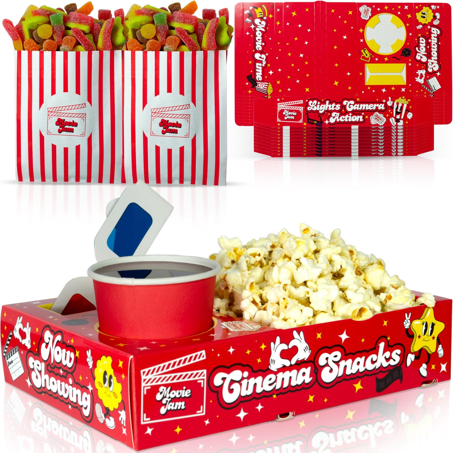 Moviejam Movie Night Snack Trays ? Red Edition | 10 Durable Popcorn Boxes, 10 Candy Bags & Free Movie Ticket Invitations