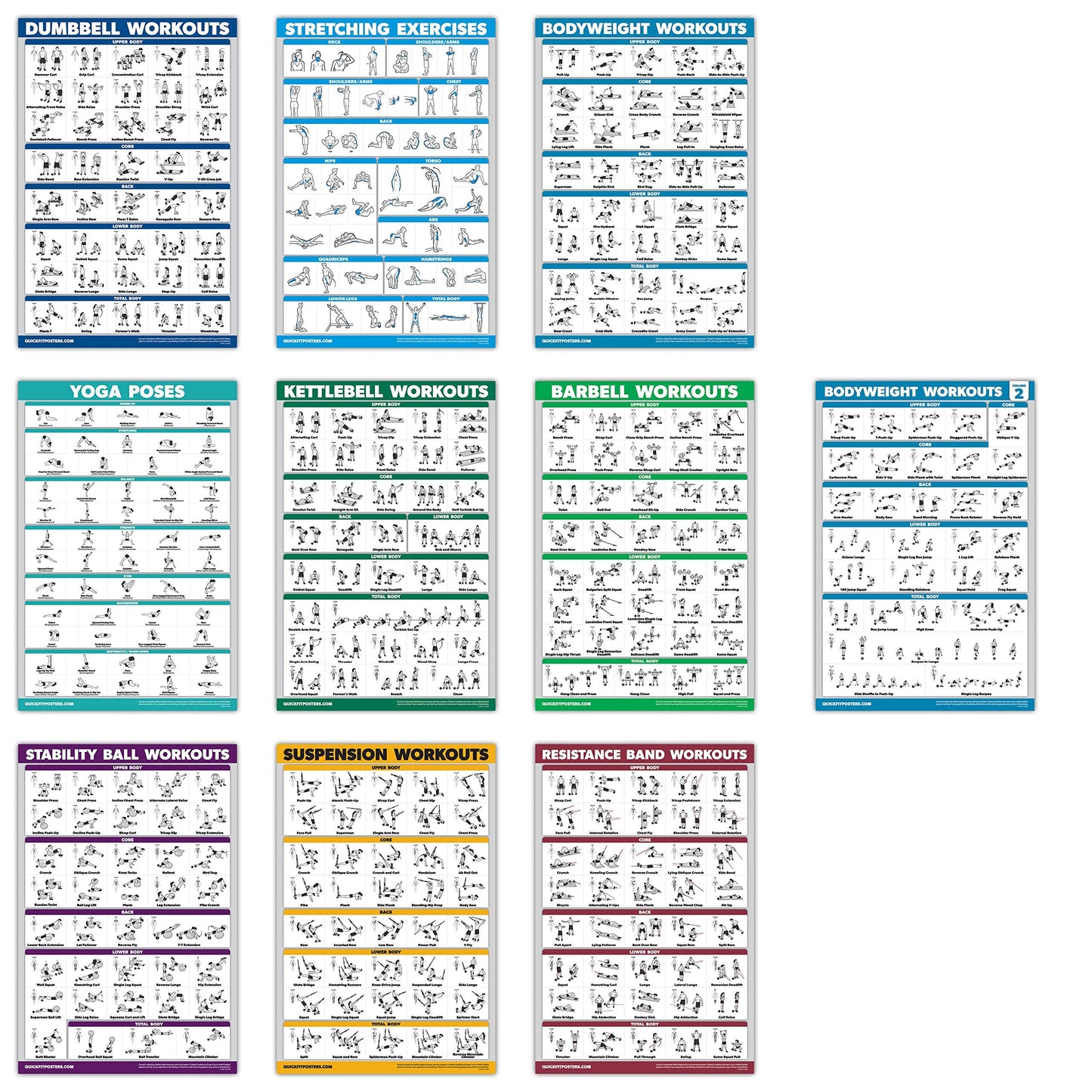 QUICKFIT 10 Pack - Exercise Workout Poster Set - Bodyweight Volume 1 & 2, Dumbbell, Suspension, Kettlebell, Resistance Bands, Stretching, Barbell,