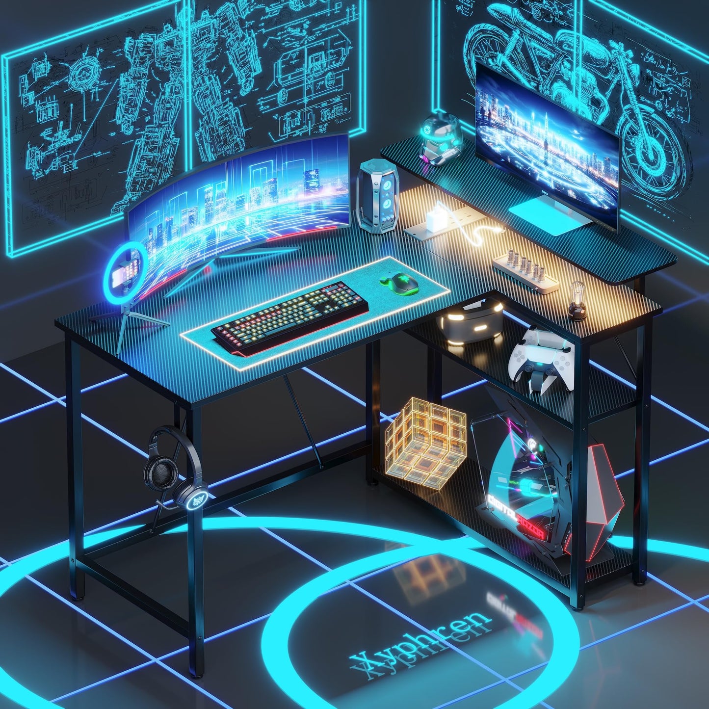 Xyphren L Shaped Gaming Desk with RGB LED Lights & Power Outlets,Corner Computer Desk with Adjustable Shelves