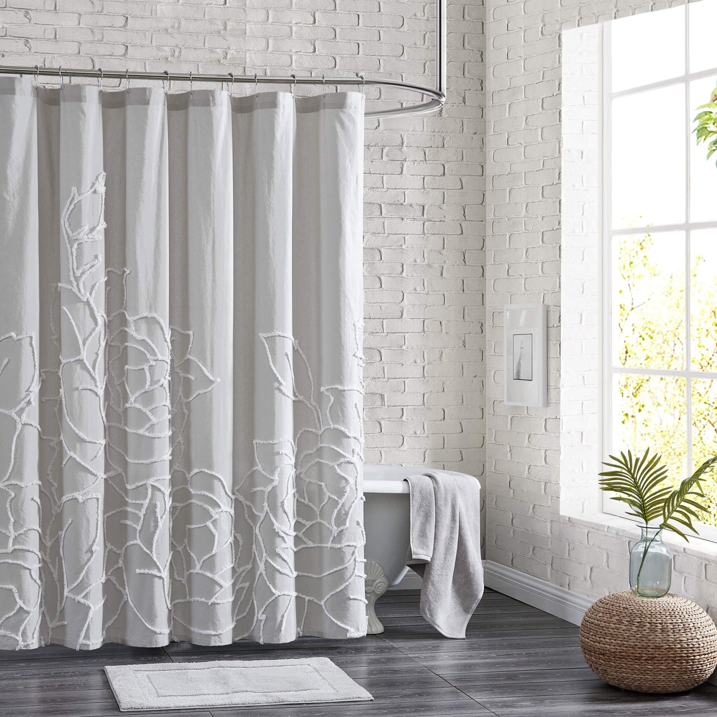 Peri Home 100% Cotton Fabric Shower Curtain for Bathroom, 72 x 72 inches, Grey Chenille Rose