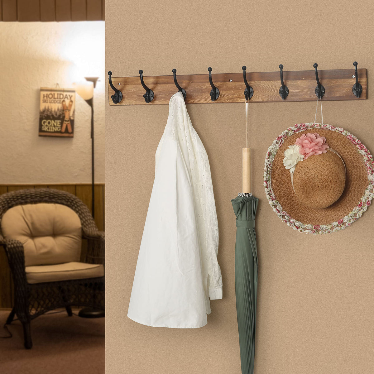 WEBI Rustic Coat Rack Wall Mount Long 8 Cast Iron Coat Hooks Wall Mounted,Heavy Duty Wall Coat Hanger Hooks for Hanging Coats,Clothes,Brown