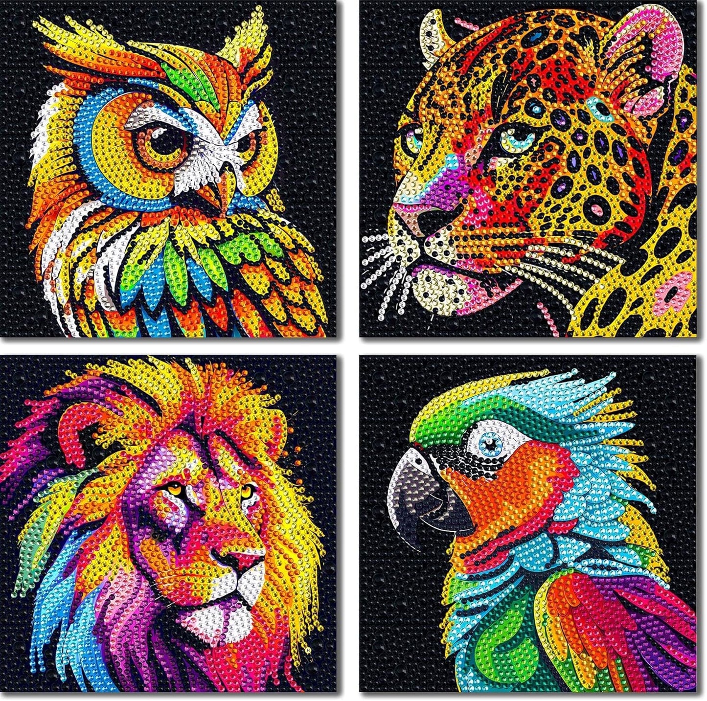 BEAYIOU 4Pack 5D Diamond Painting Kit for Kids, Animal Diamond Art Easy Kits, Owl Leopard Lion Parrot Diamond Painting Full Drill Diamond Art Gem