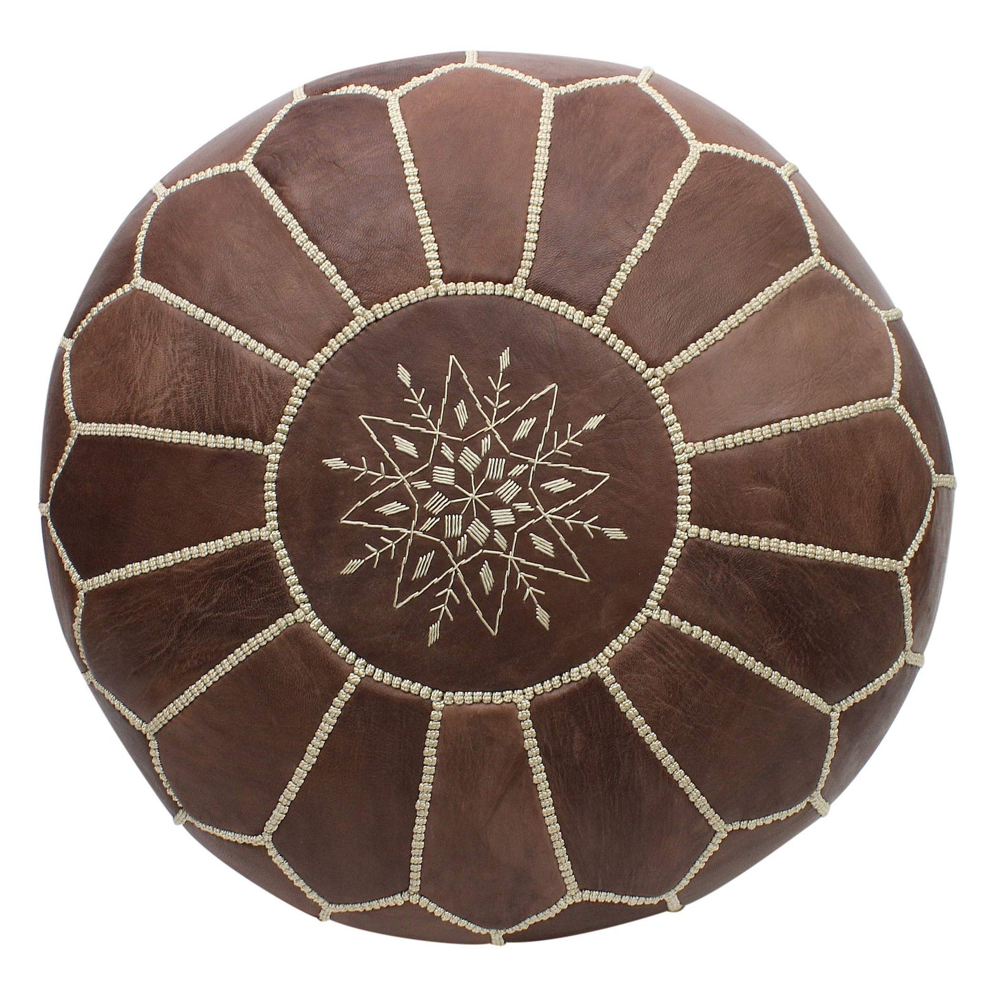 ESSENCE OF MOROCCO Moroccan Pouffe Pouf Footrest Footstool Ottoman Real Leather Brown Tan Handmade Hand-stitched with Embroidered Design (COVER ONLY)