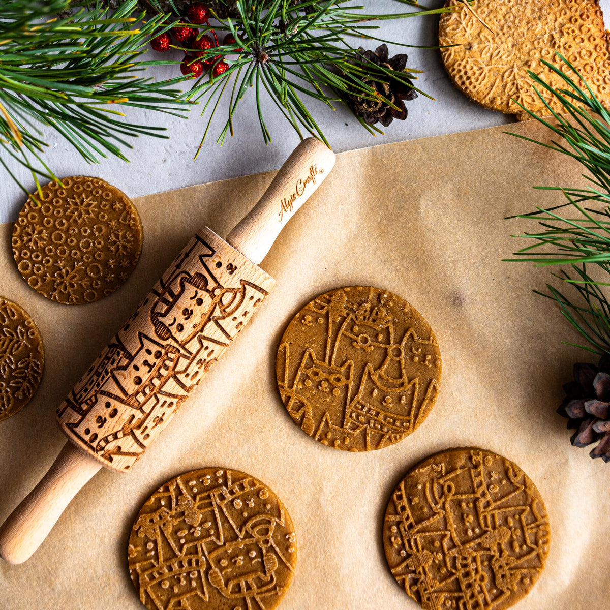 CHRISTMAS FEST 3 Mini Embossed Rolling Pin Set. Wooden Laser Engraved Textured rolling pins for Cookies, Modeline, Ceramic with Skulls, Bats,