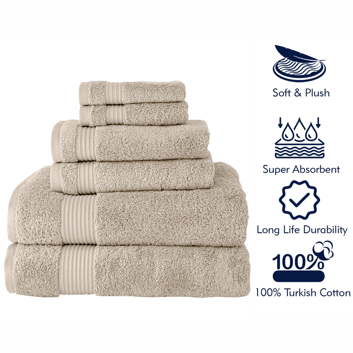 BERIBO Turkish Towel Set 100% Cotton (Serenity) 6 Pieces, 620gsm (Brown Rice)