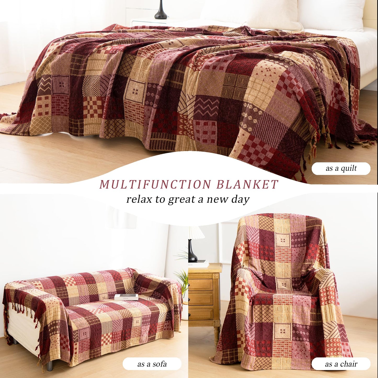 VANJOROY Bohemian Large Patchwork Sofa Bed Throw Blanket with Tassels For 2 3 Seater Settees,100% Chenille Soft Multi-function Throw for Couch