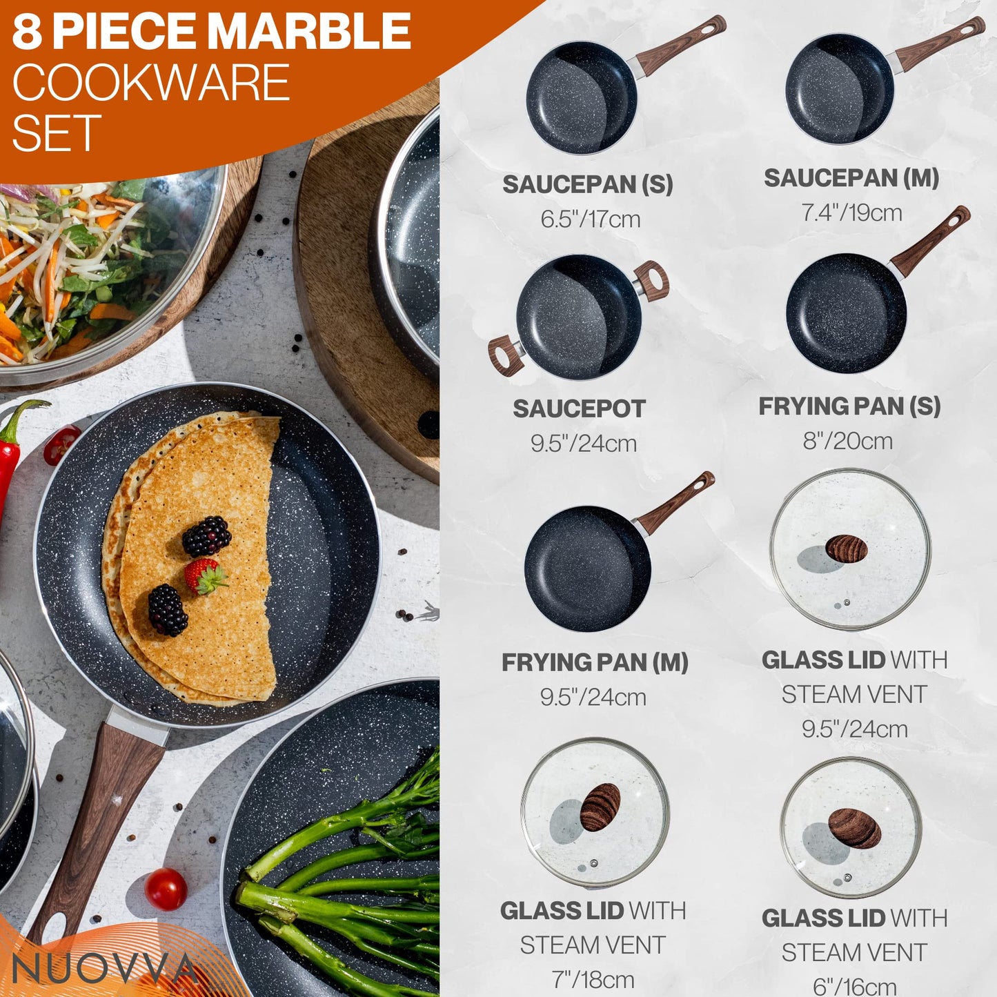 Non Stick Pots and Pans Set  Induction Hob Pot Set  8pcs Kitchen Cookware with Lids  Cooking Marble Saucepan Pots and Frying Pans  by Nuovva