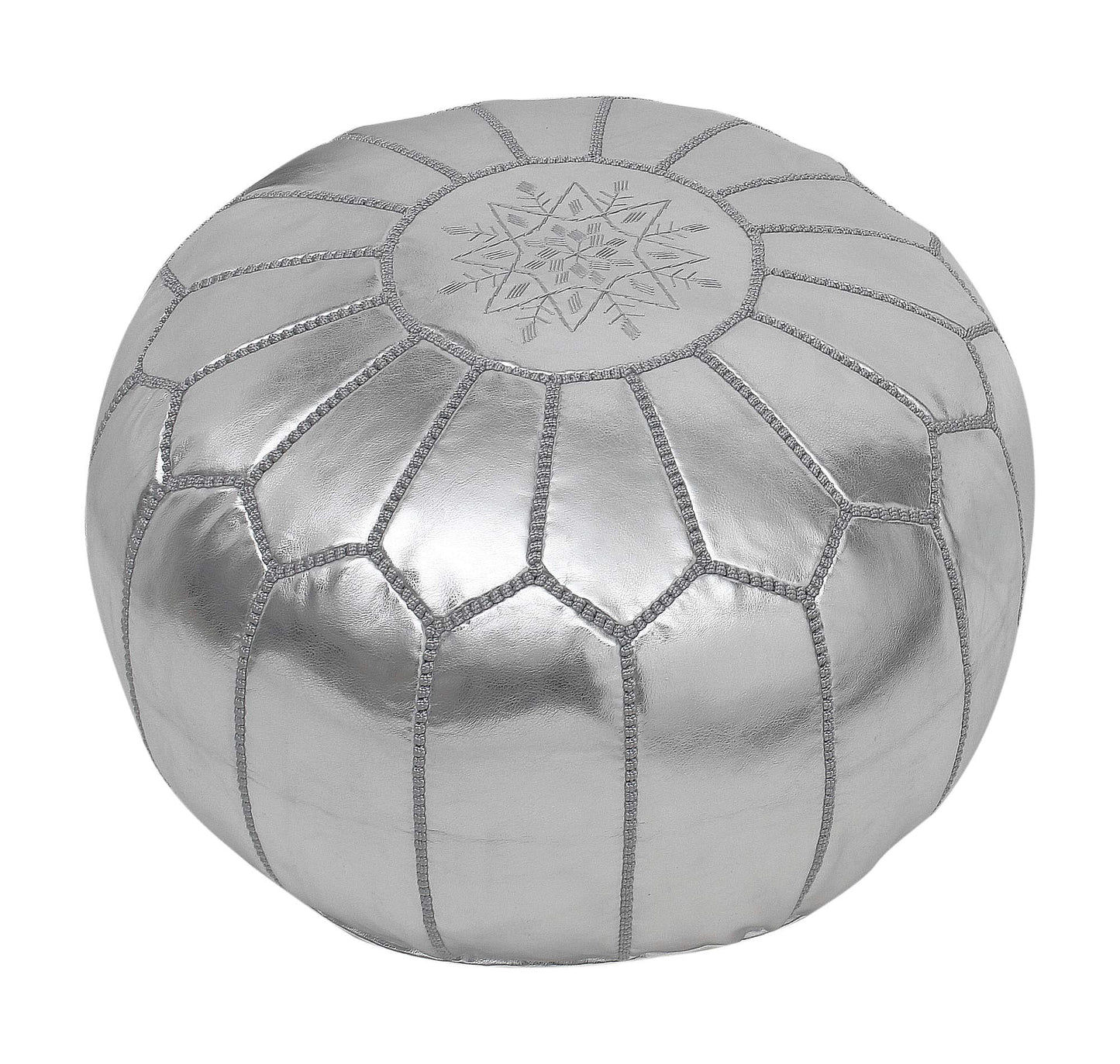 ESSENCE OF MOROCCO Moroccan Pouffe Pouf Footrest Footstool Ottoman Silver Grey Faux Leather Handmade Hand-stitched with Embroidered Pattern Marrakech