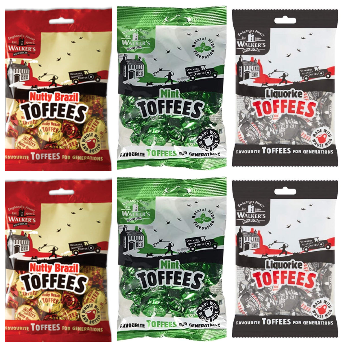 Walkers Nonsuch Toffees Set of 6 Bundle - 2 x Nutty Brazil 150g, 2 x Liquorice 150g, 2 x Mint 150g. Ideal for car Journeys or The Sweet Cupboard Set 2