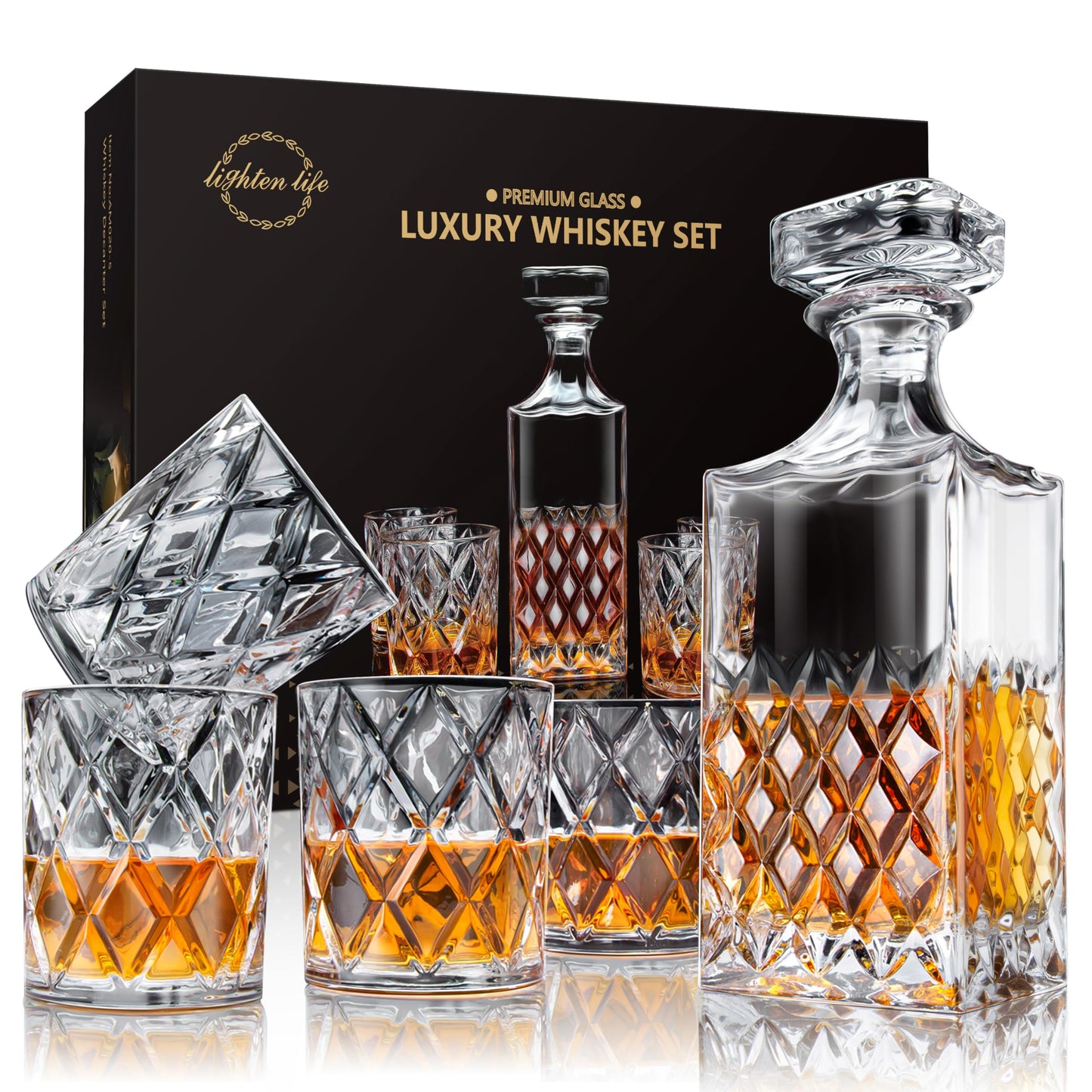 LIGHTEN LIFE Whiskey Decanter Set - 849ml With 4 Glasses in Gift Box, No-Lead Premium Bourbon Carafe for Men