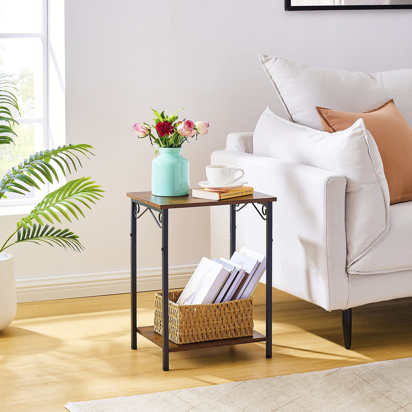 Hoctieon 2 Tier End Table, Small Night Table, Narrow Side Table with Storage, Nightstand for Small Spaces, Living Room, Bedroom, Sofa Couch