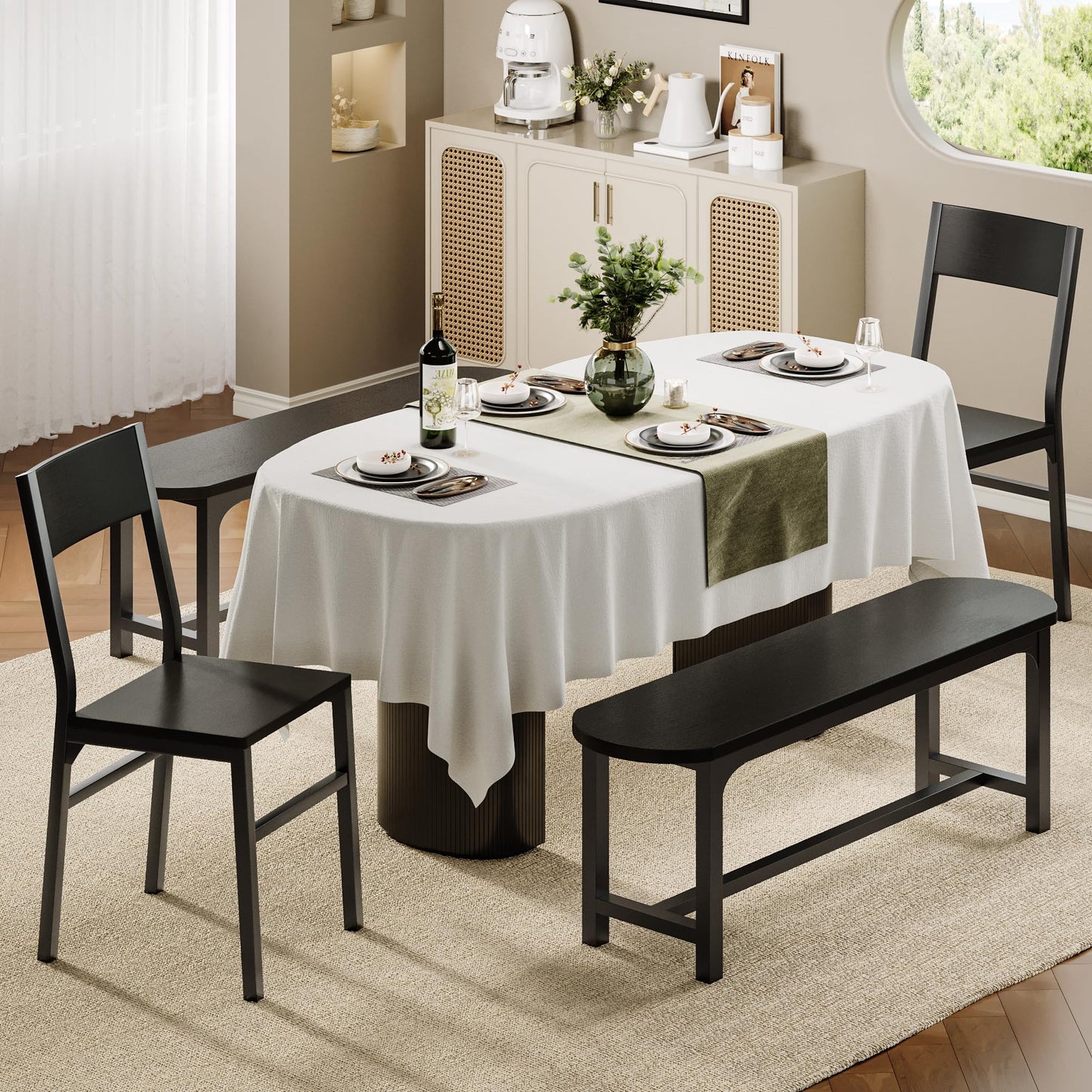 Feonase Dining Chairs Set of 4, Dining Room Chairs with 2 Ergonomic Chairs & 2 Benches, MDF Board and Metal Frame, Kitchen Chairs for Home, Apartment