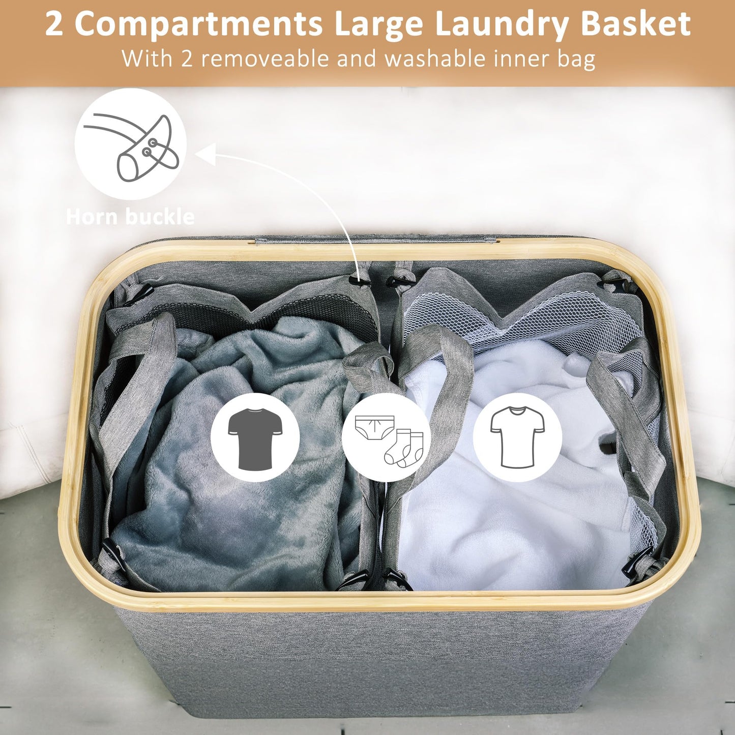 iEGrow Laundry Basket 2 Compartments 150L, Large Washing Baskets for Laundry with Removable and Washable Inner Bags, Laundry Hamper with Lid and