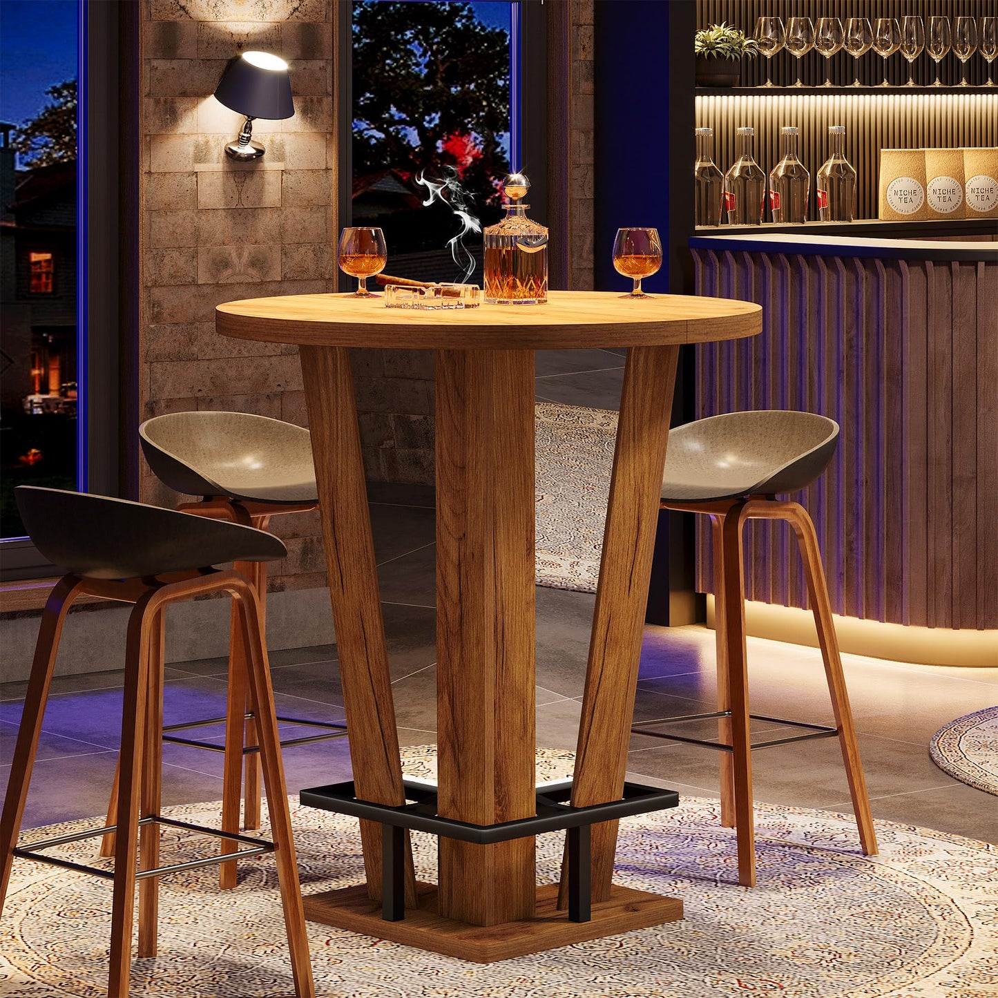 Tribesigns Round Bar Table, 39.4" H High Top Cocktail Bistro Pub Table with Metal Footrest for Living Room, Small Space, Brown
